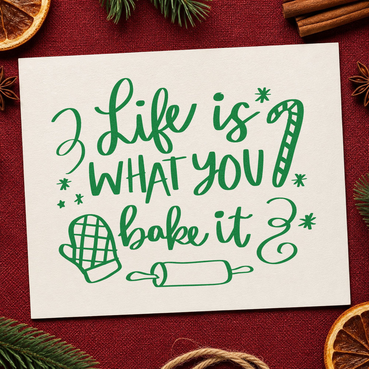 Life Is What You Bake craft stamp imprint in green ink on a handmade project, one idea being class treat bag tags.