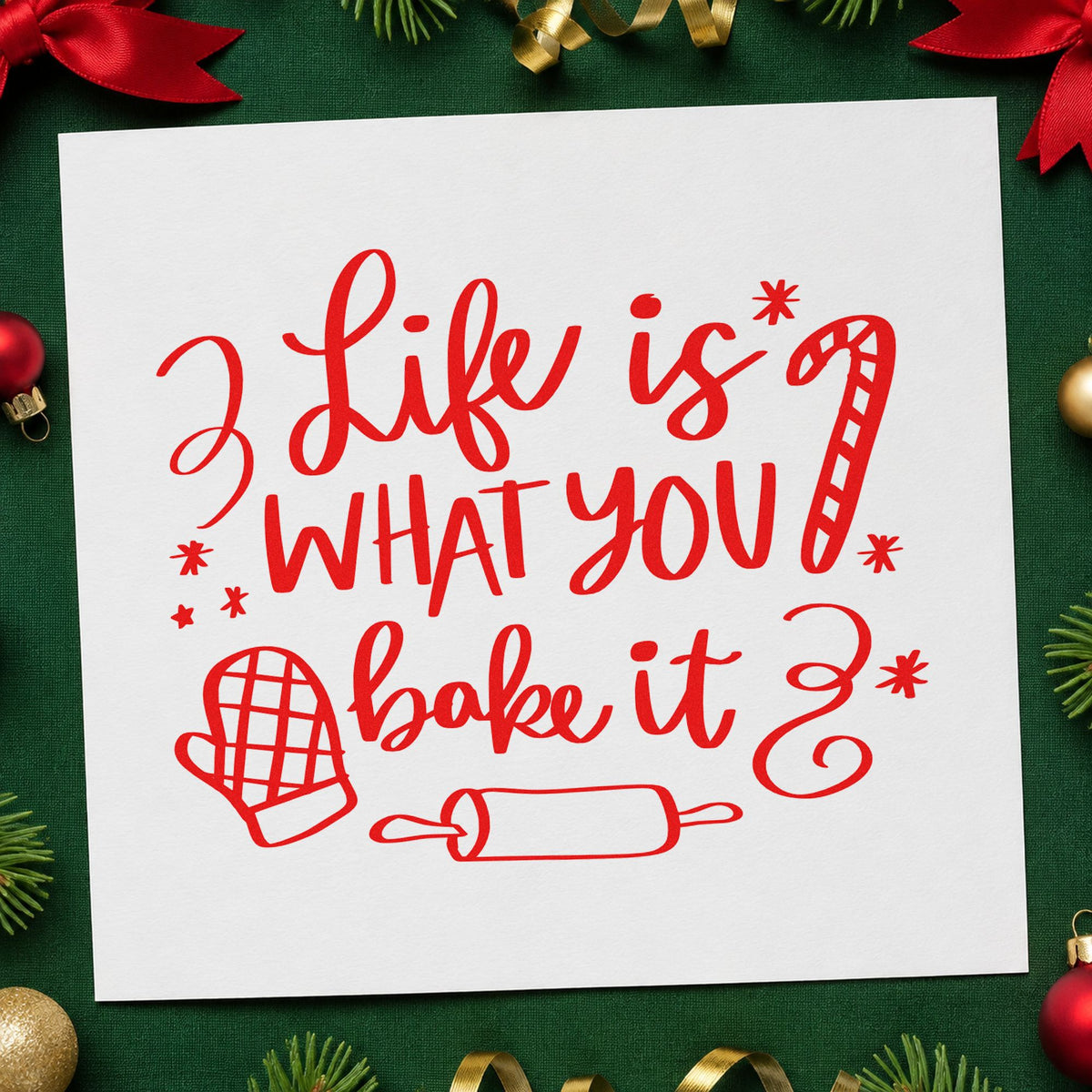 Life Is What You Bake craft stamp in red ink on cardstock, an easy option for chef coat printing.