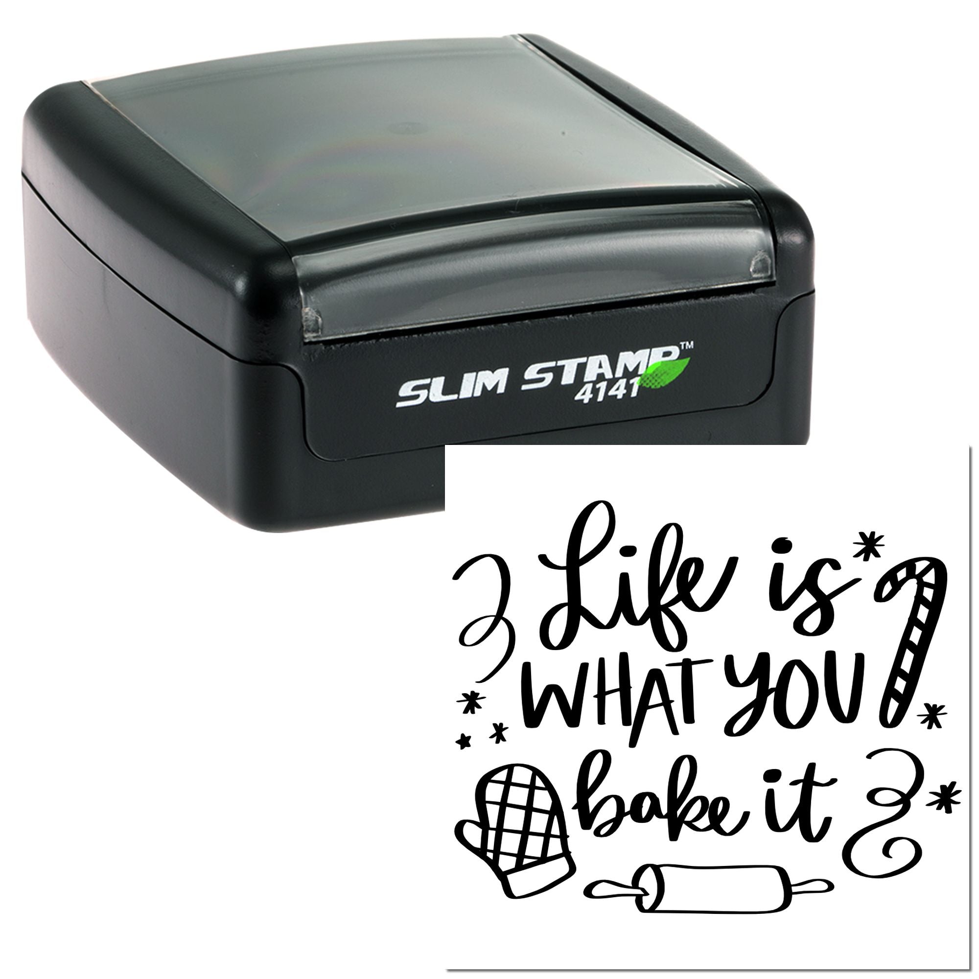 Self-inking rubber stamp with custom baking quote design for bakery packaging, gifts, and craft projects.