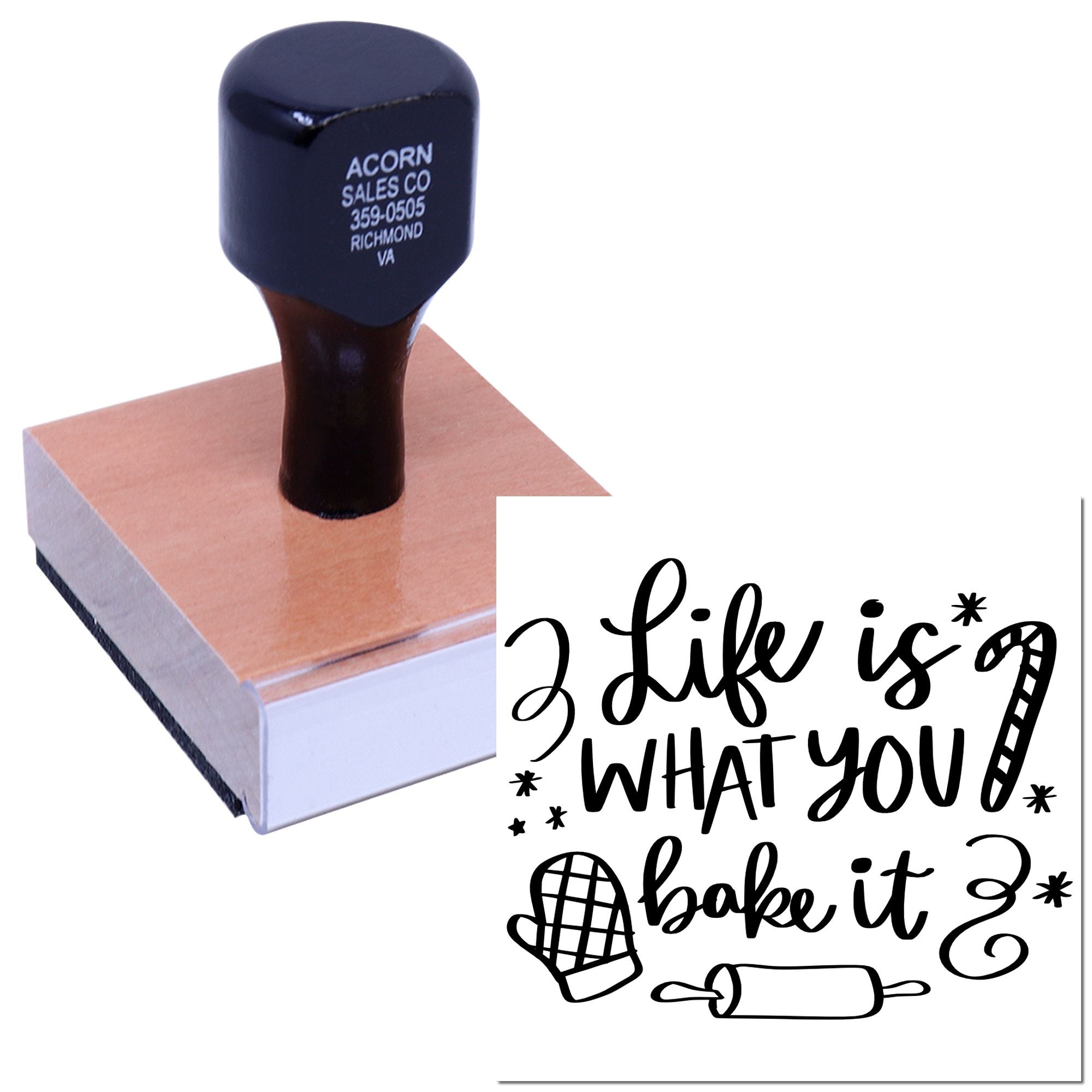 Custom rubber stamp with baking quote design for handmade bakery packaging, cards, and craft projects.