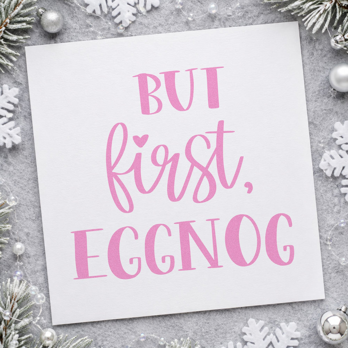 But First Eggnog craft stamp in purple ink on cardstock, an easy option for cocktail album page.