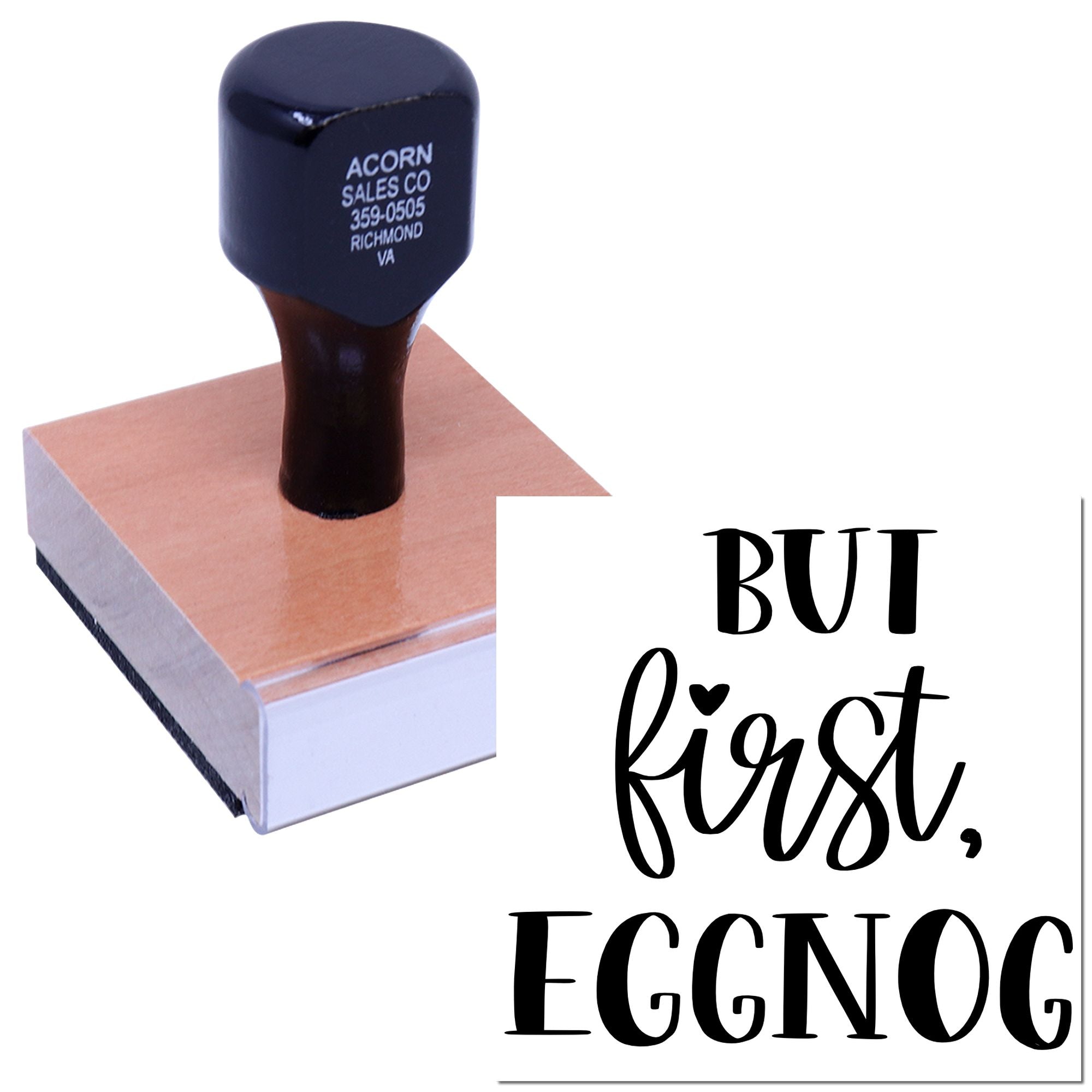 But First, Eggnog rubber stamp on wood block for holiday card making, festive crafts, and seasonal DIY projects.