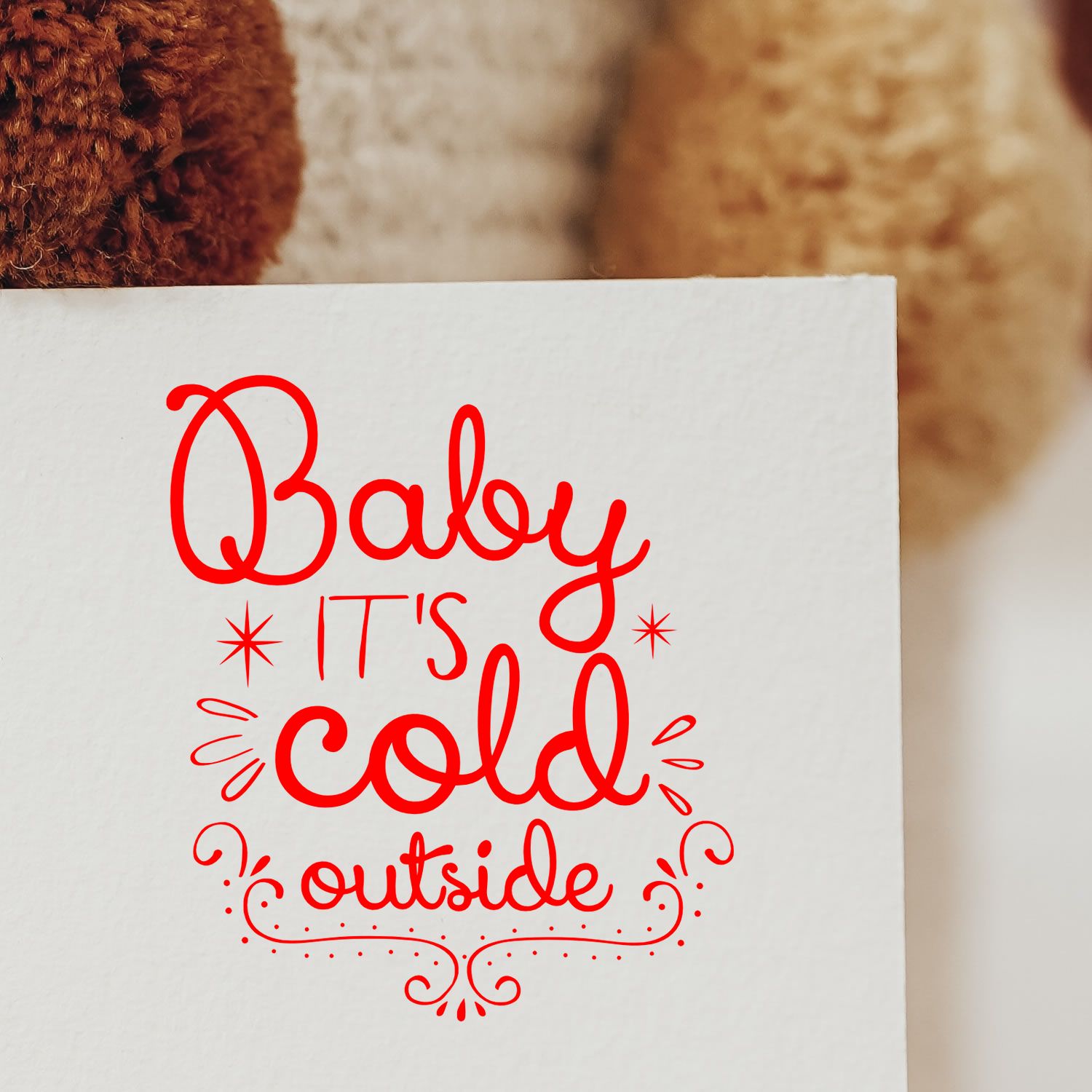 Baby Its Cold Outside red rubber stamp design on white card, ideal for winter handmade cards and craft projects.