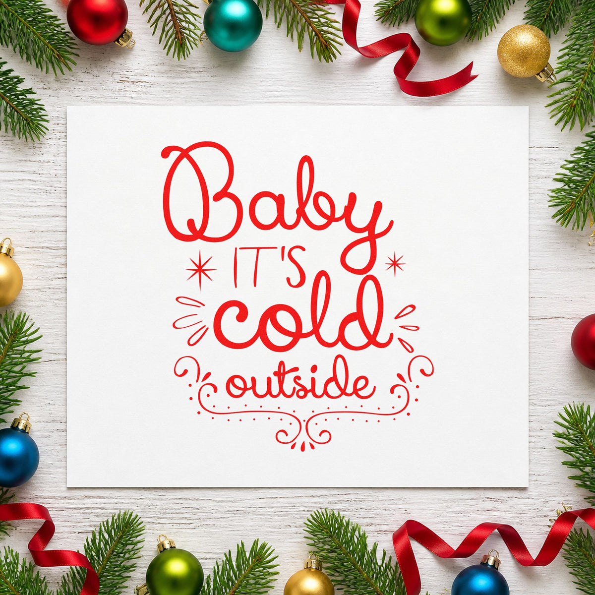 Baby It's Cold Outside Curls rubber stamp shown in red ink, stamped for projects such as mulling spice labels.