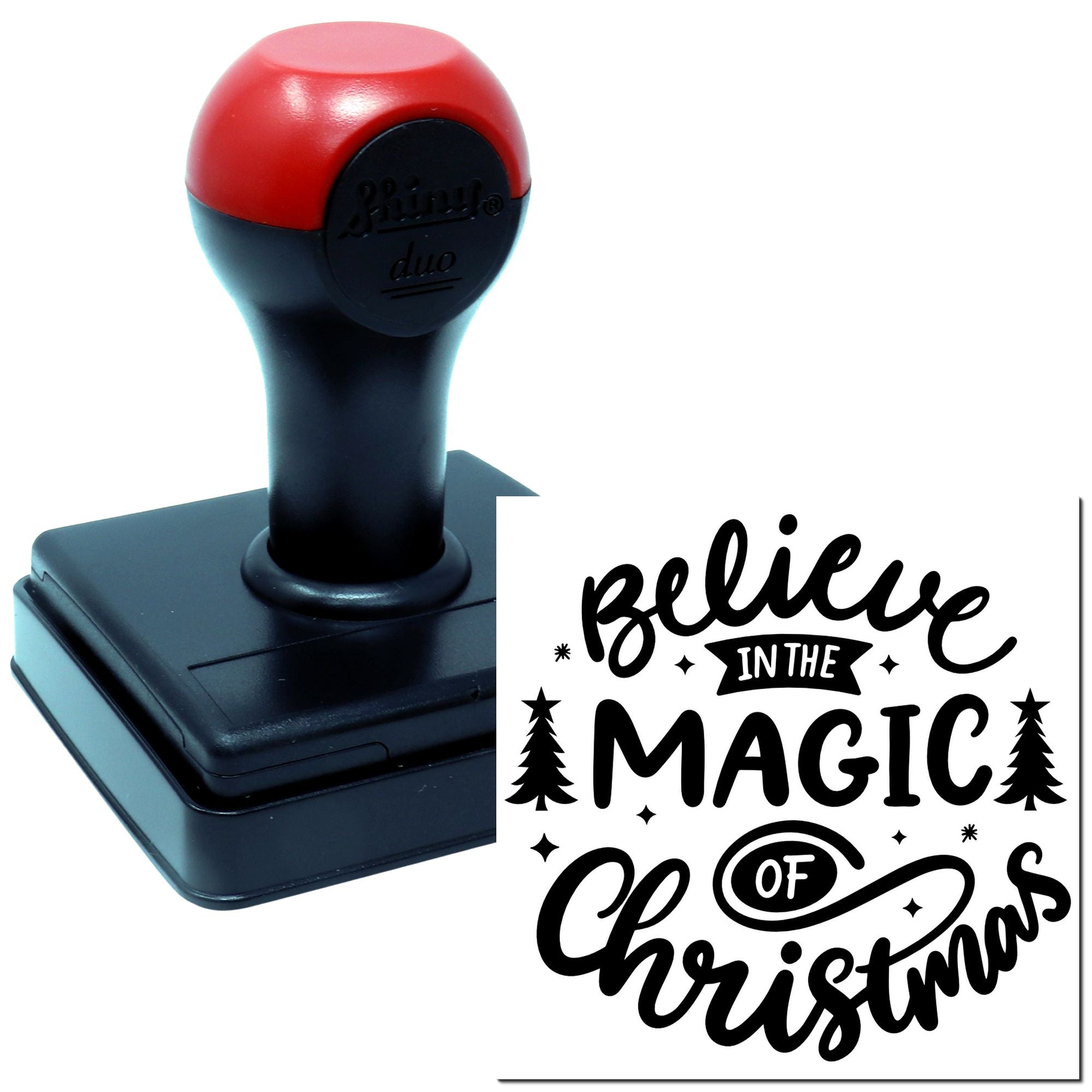 Christmas rubber stamp with Believe in the Magic of Christmas design for holiday cards, crafts, and gift packaging.