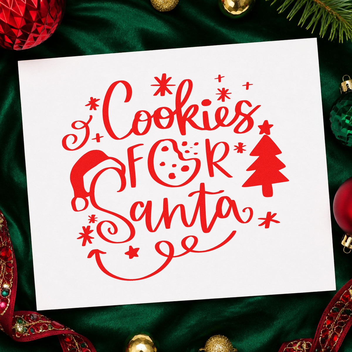 Cookies For Santa rubber stamp shown in red ink, stamped for projects such as dough tub labels.
