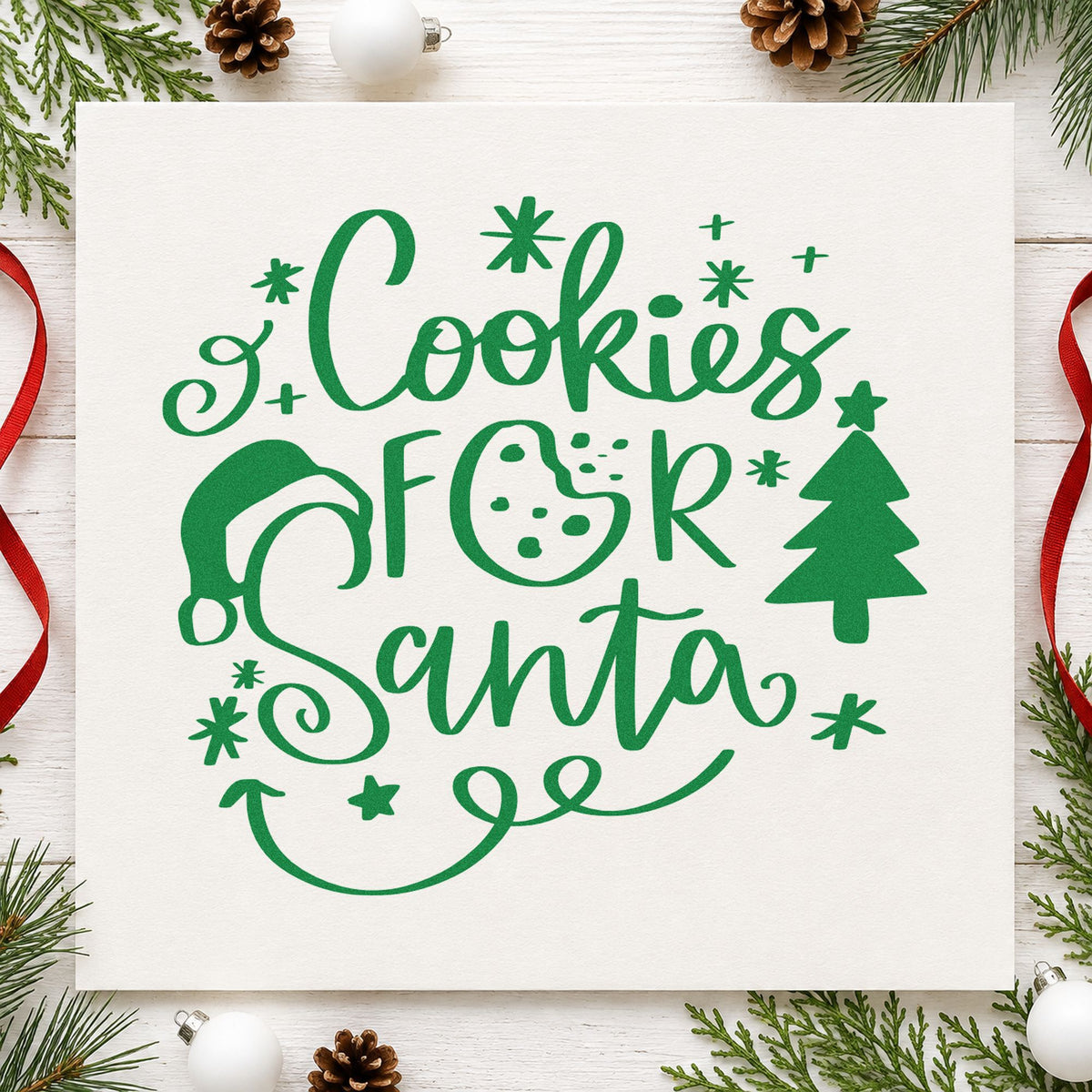 Cookies For Santa craft stamp imprint in green ink on a handmade project, one idea being bake off score sheets.