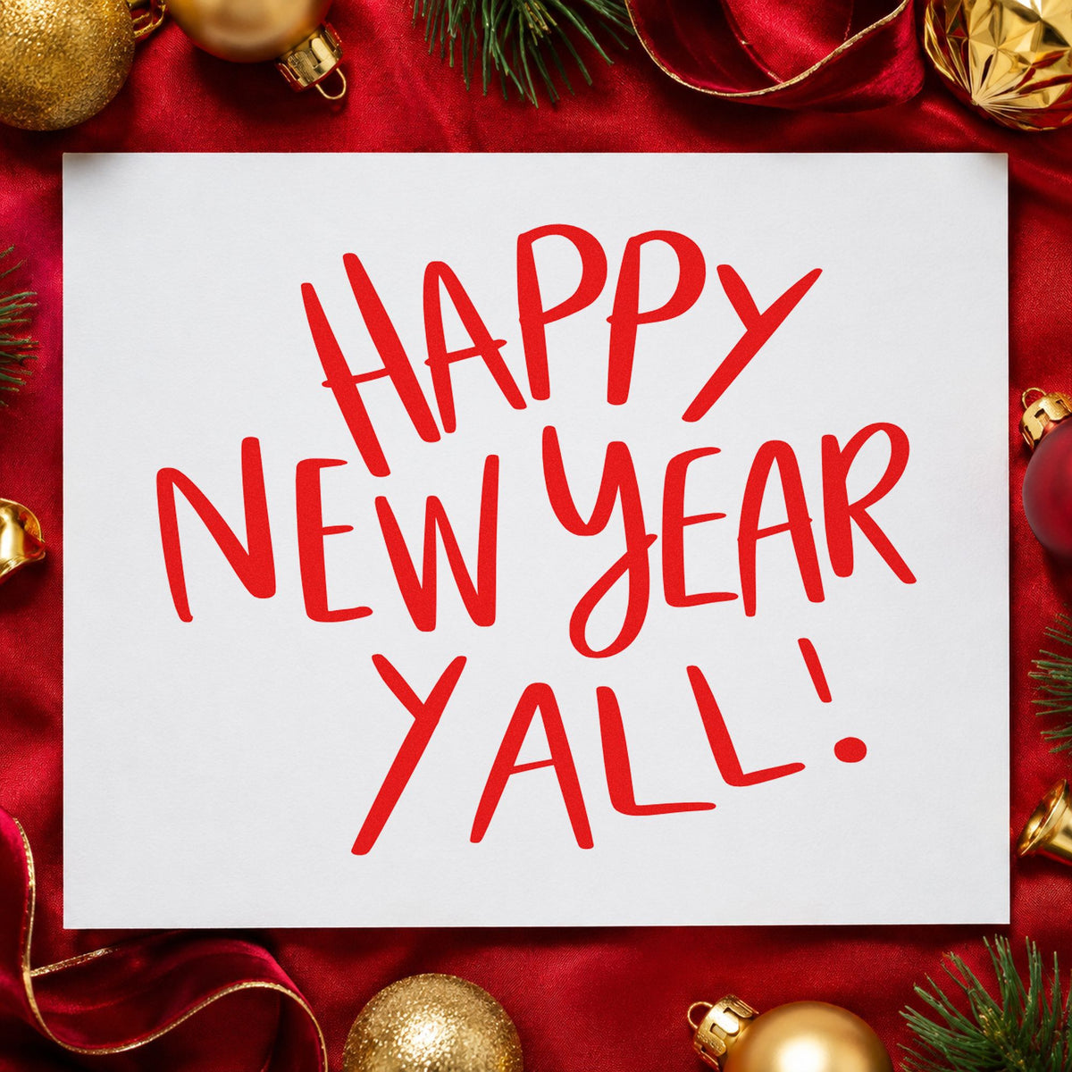 Happy New Year Yall craft stamp in red ink on cardstock, an easy option for sequin clutch ink.
