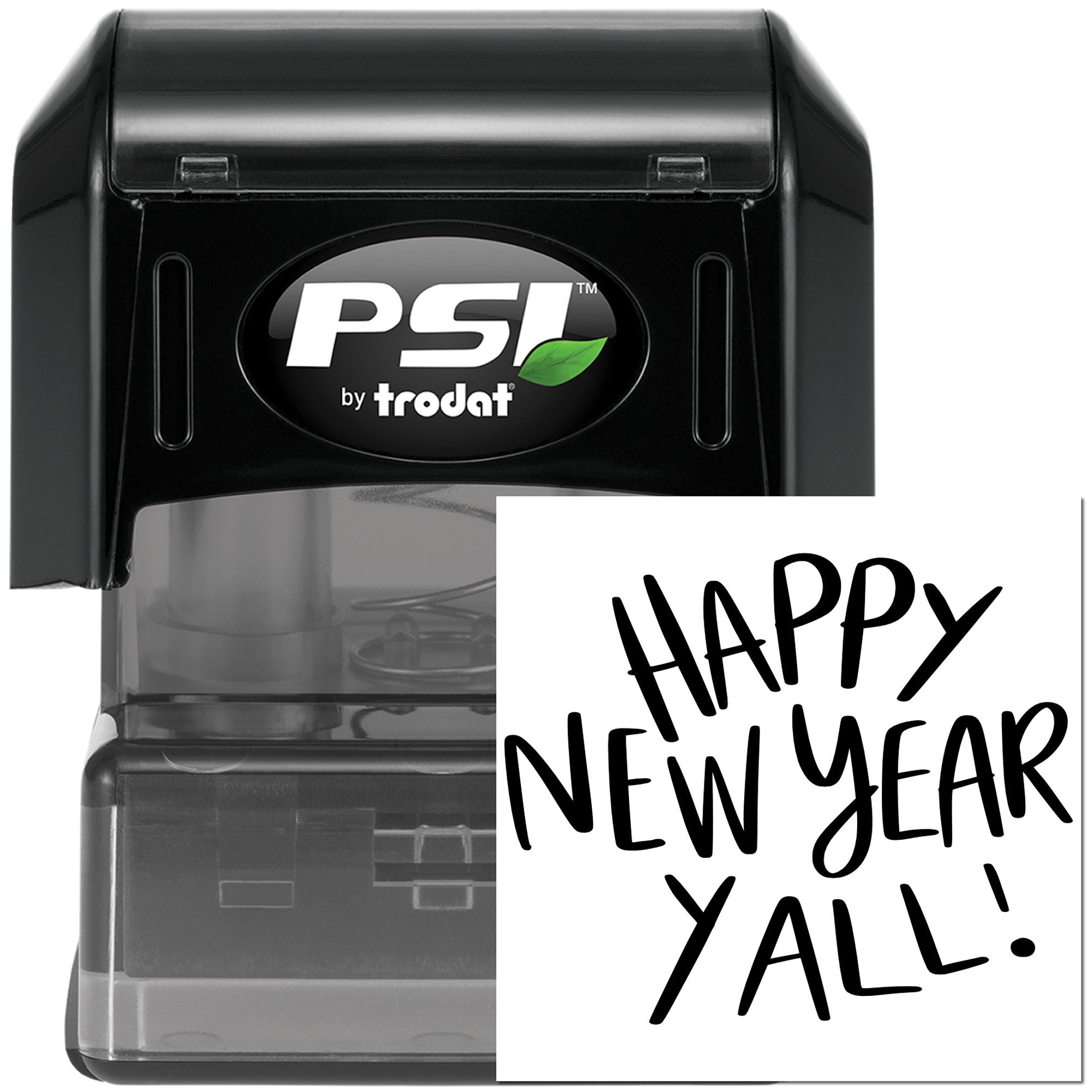 PSI by Trodat self-inking rubber stamp with Happy New Year Yall imprint for custom holiday greeting cards