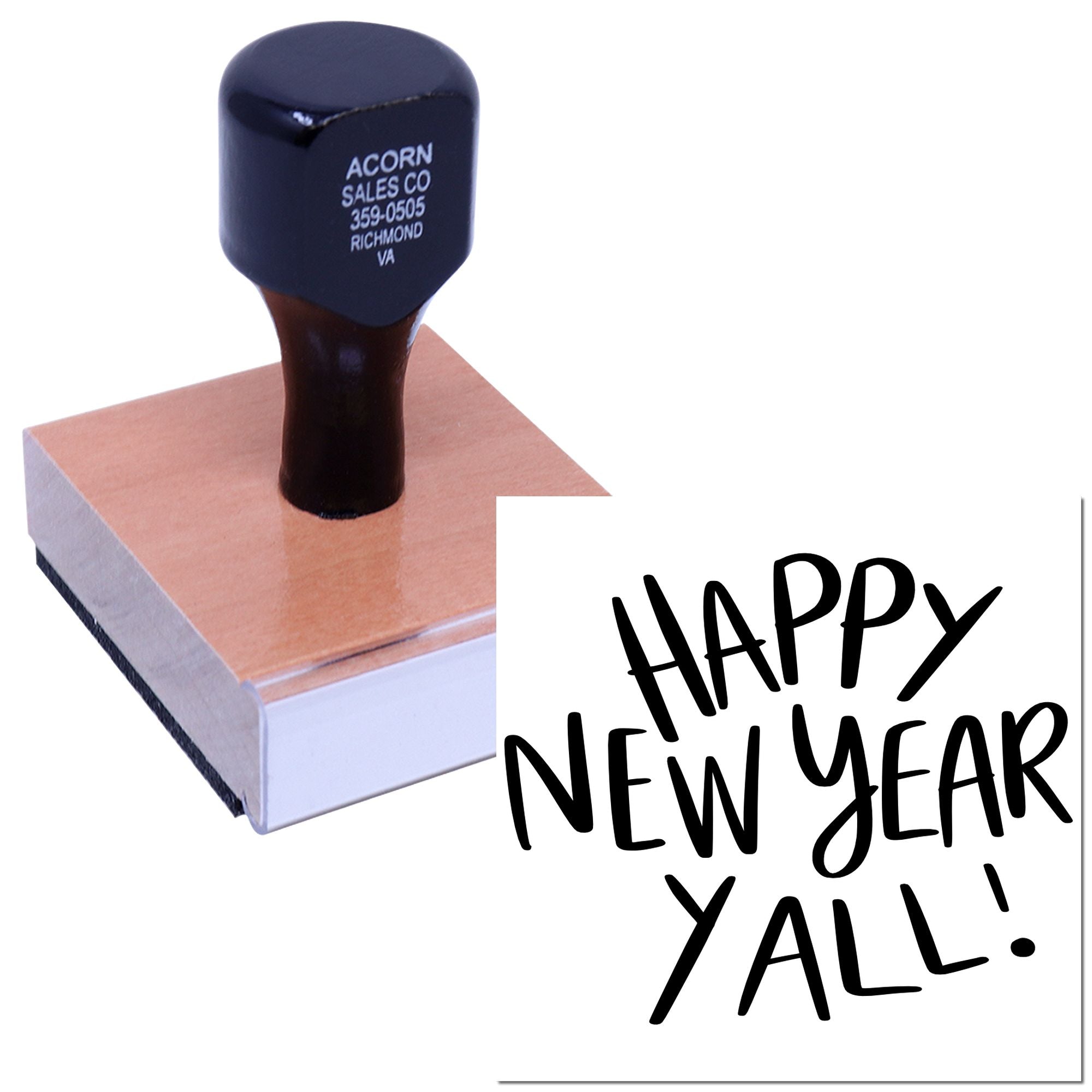 Custom Happy New Year Yall rubber stamp with wood handle, ideal for holiday cards, envelopes, and business branding.