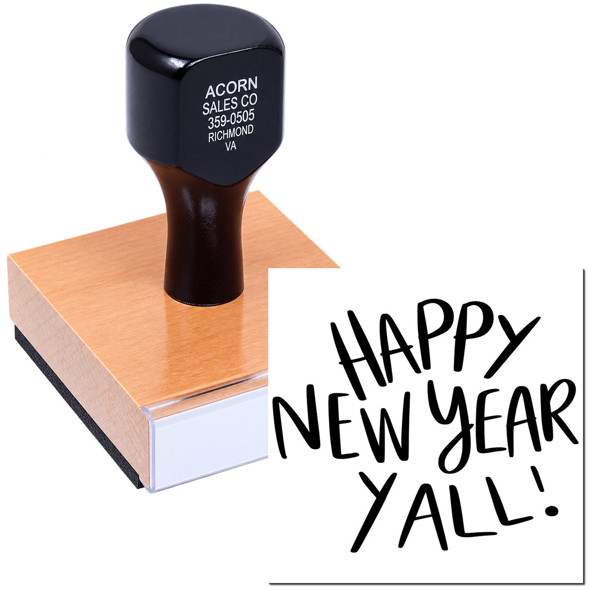 Custom Happy New Year Yall rubber stamp with wood handle, ideal for holiday cards, envelopes, and business branding.