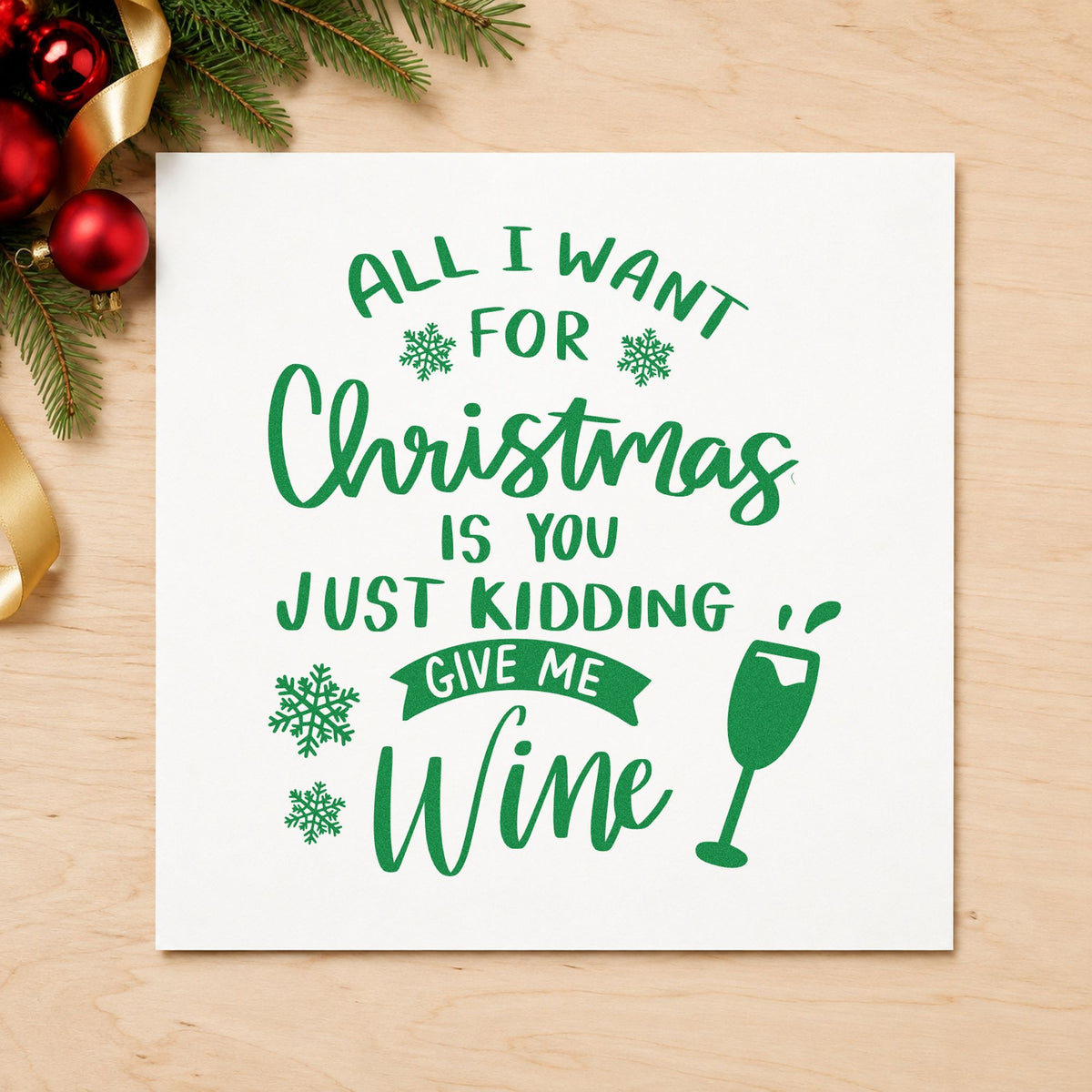 Christmas Just Give Wine craft stamp imprinted in green ink on paper, a design suited to framed wine wall.