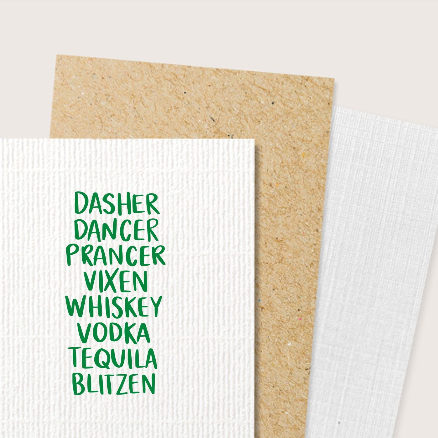 Christmas rubber stamp design with Dasher, Dancer, Prancer, Vixen, Whiskey, Vodka, Tequila and Blitzen for holiday cards.