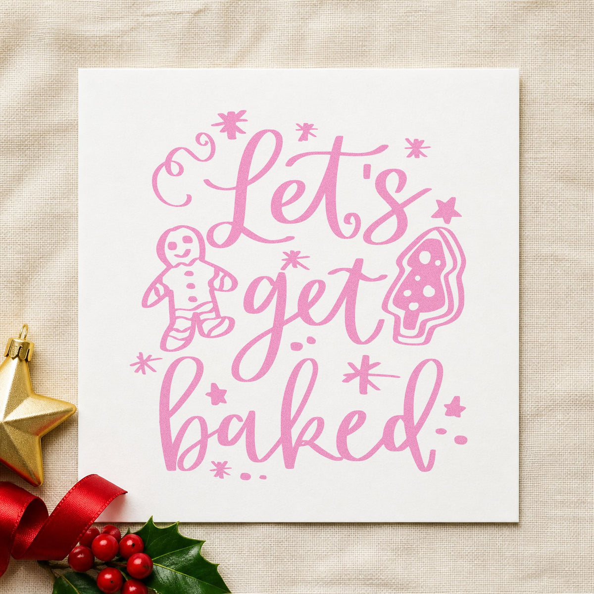 Let's Get Baked Cookies craft stamp in purple ink on cardstock, an easy option for decorating night album.
