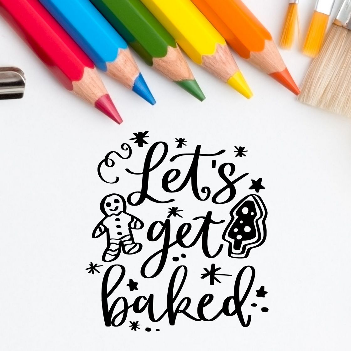Let's Get Baked Cookies Premium Wood-Mounted Stamp - Vintage Pro imprint stamped in black ink. "Let's Get Baked" features gingerbread cookies, stars, and curls.