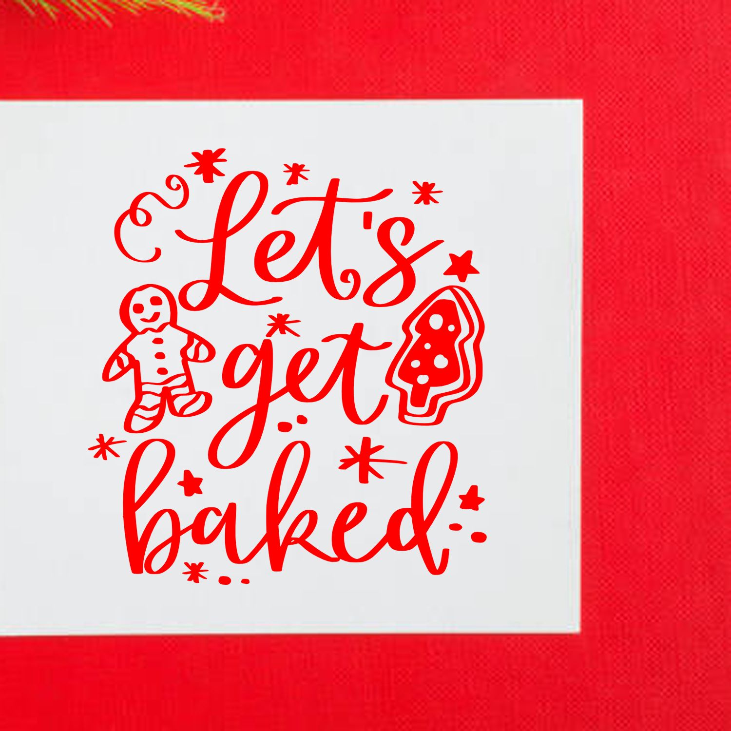 Christmas rubber stamp design reading Lets get baked with gingerbread man and cookie accents for holiday baking crafts