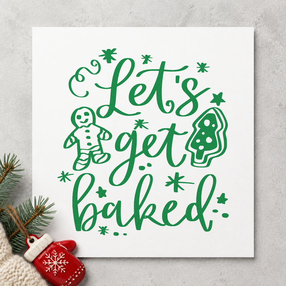 Let's Get Baked Cookies craft stamp imprint in green ink on a handmade project, one idea being cookie kit gift tags.