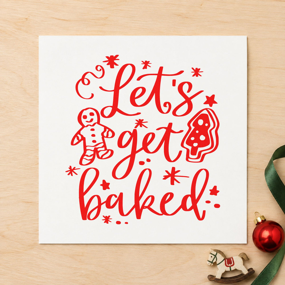 Let's Get Baked Cookies craft stamp in red ink on cardstock, an easy option for baker cap printing.