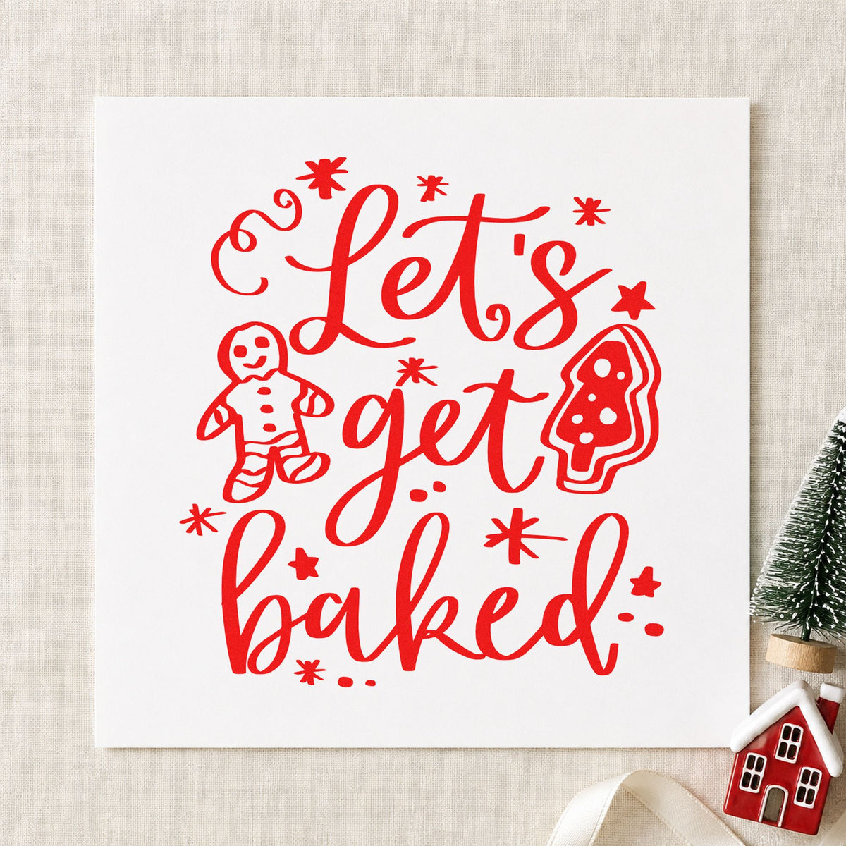 Let's Get Baked Cookies rubber stamp shown in red ink, stamped for projects such as sprinkle jar seals.
