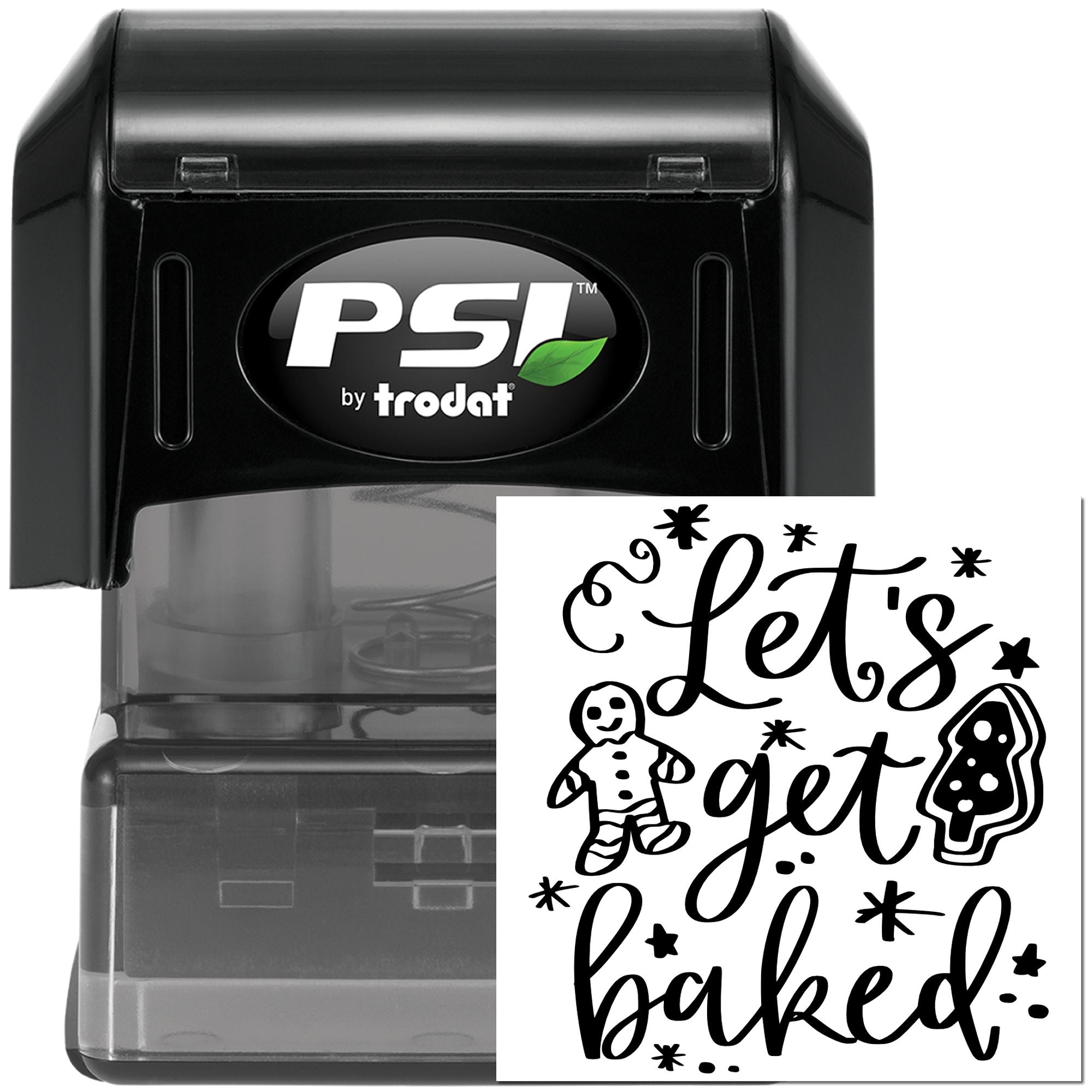 PSI by Trodat self-inking rubber stamp with Lets Get Baked holiday baking design for custom cookie packaging.