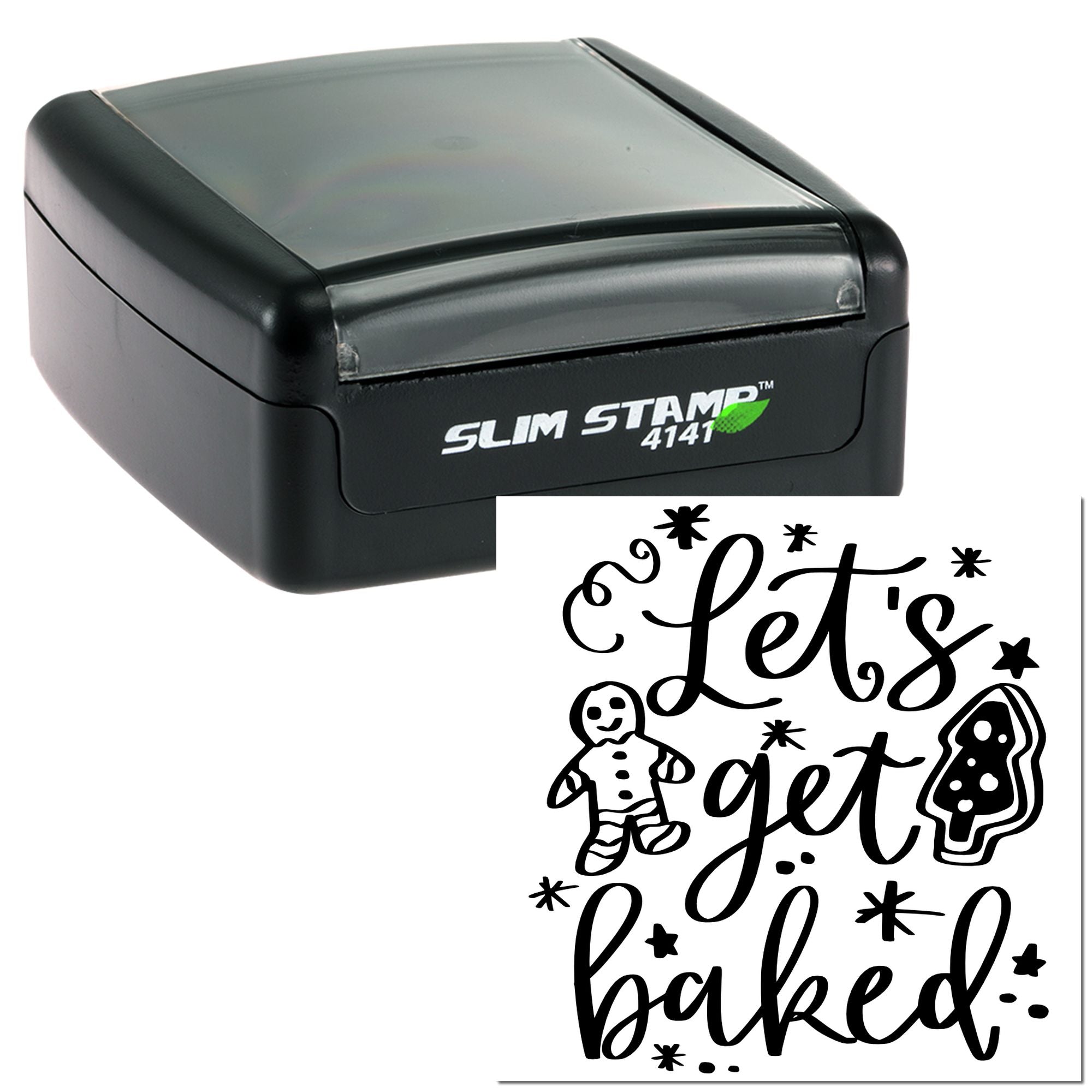 Slim self-inking rubber stamp with Lets Get Baked baking-themed design for craft, bakery, or custom stamp projects.