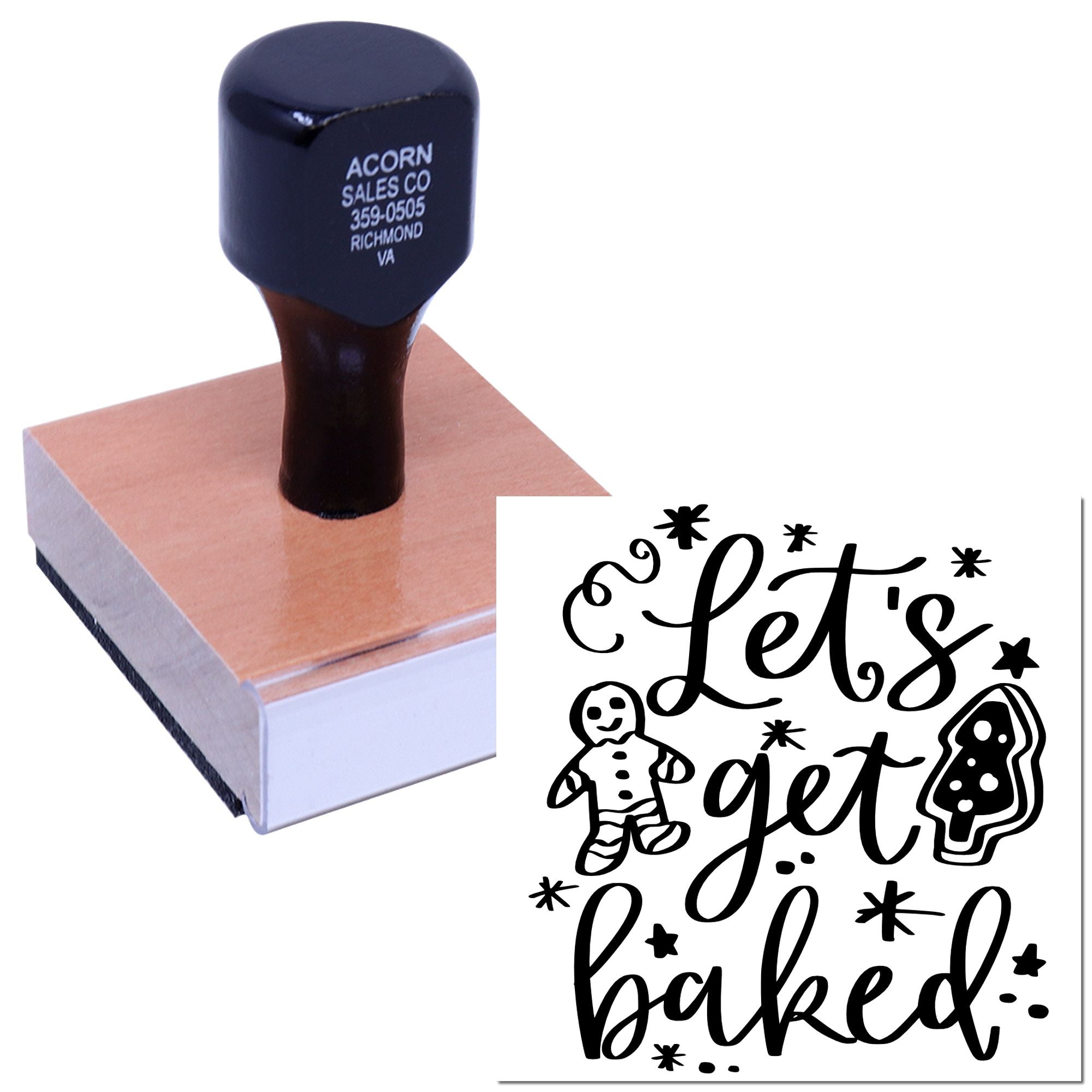 Custom rubber stamp with Lets get baked holiday baking design for cookies, cards, and festive packaging.