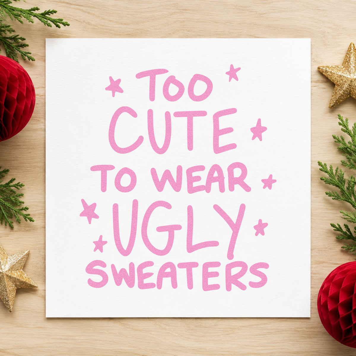 Too Cute Ugly Sweaters craft stamp in purple ink on cardstock, an easy option for outfit album page.