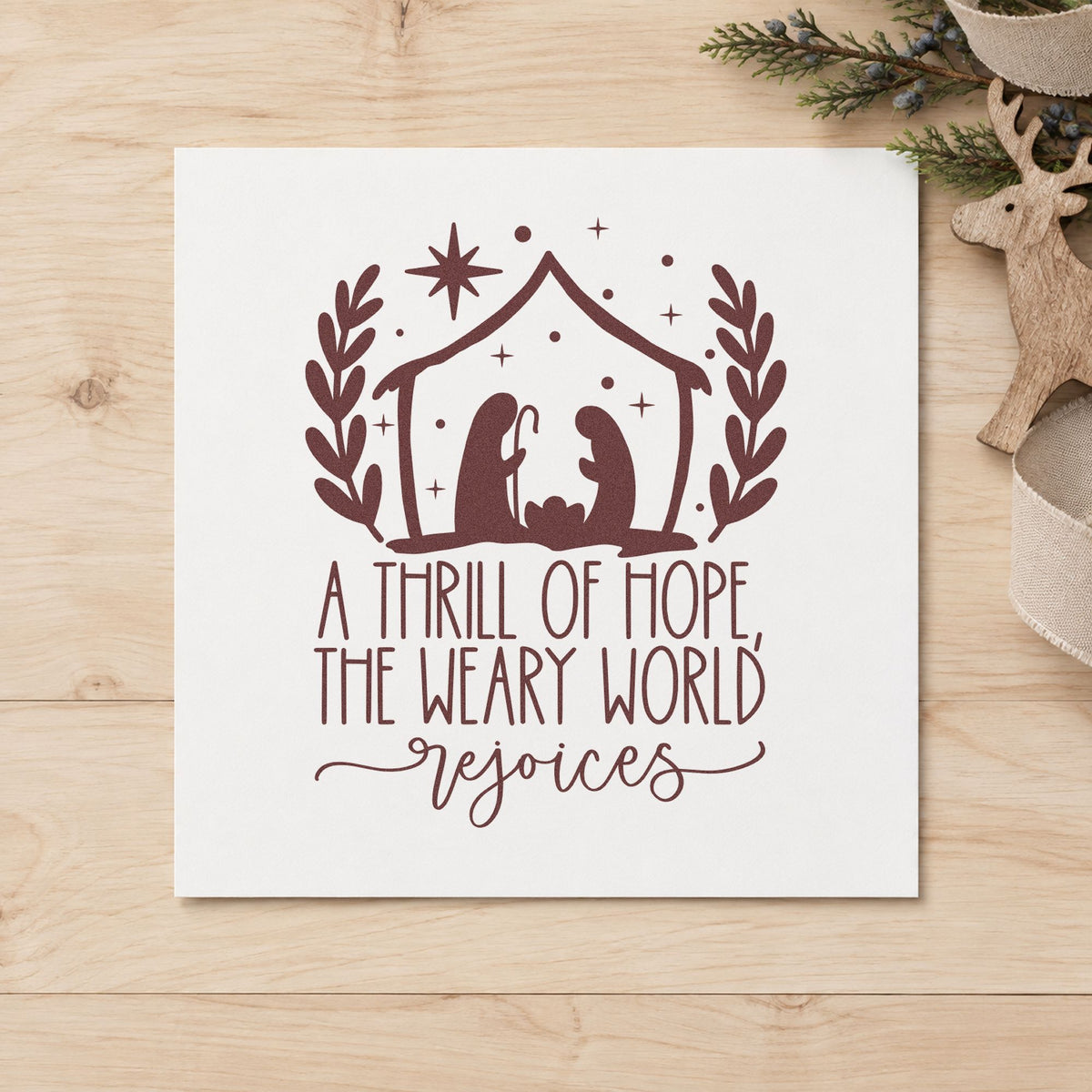 Thrill Of Hope Nativity rubber stamp printed in brown ink, ready for scripture study page and similar paper crafts.