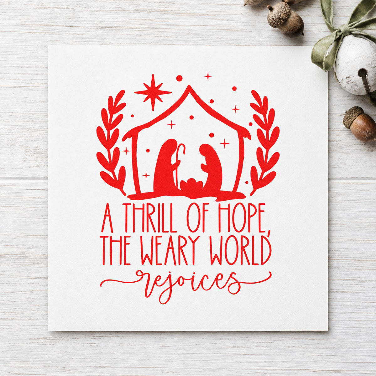 Thrill Of Hope Nativity craft stamp in red ink on cardstock, an easy option for altar cloth printing.