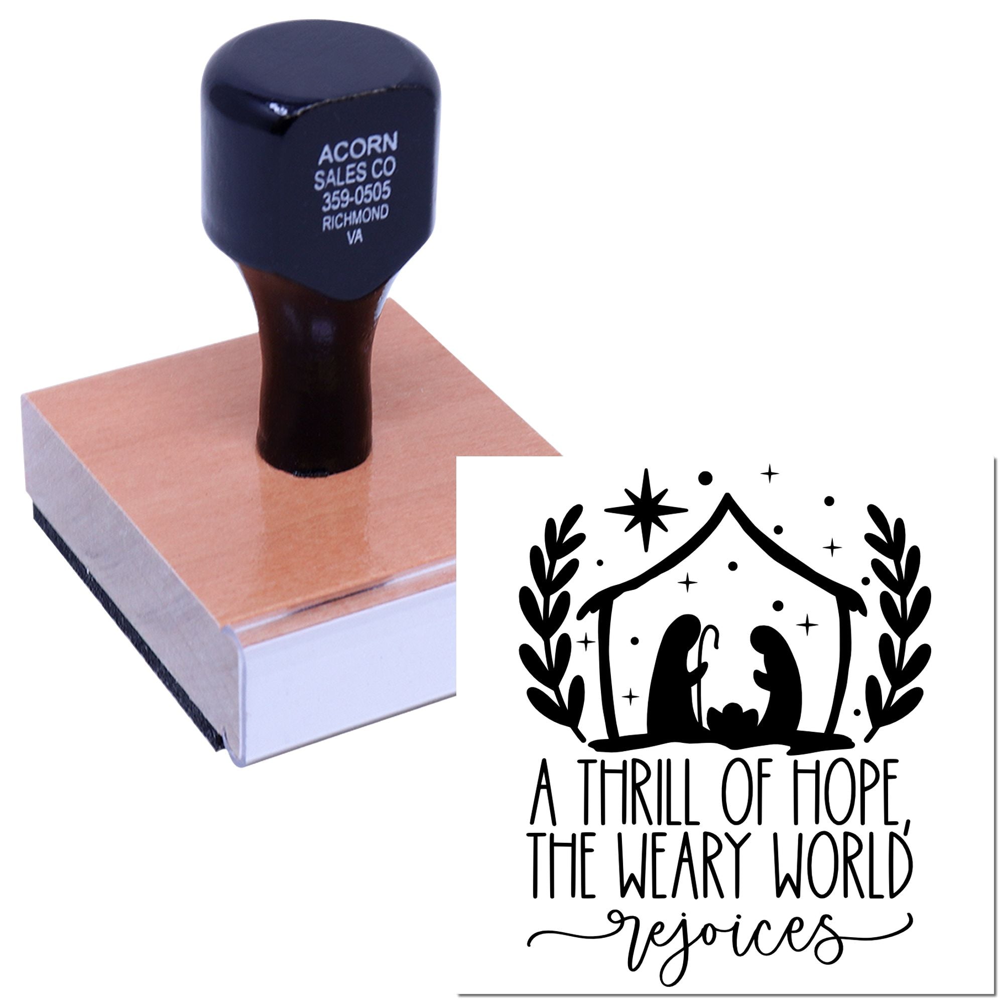 Personalized rubber stamp for Christmas crafts featuring nativity art and A thrill of hope scripture.