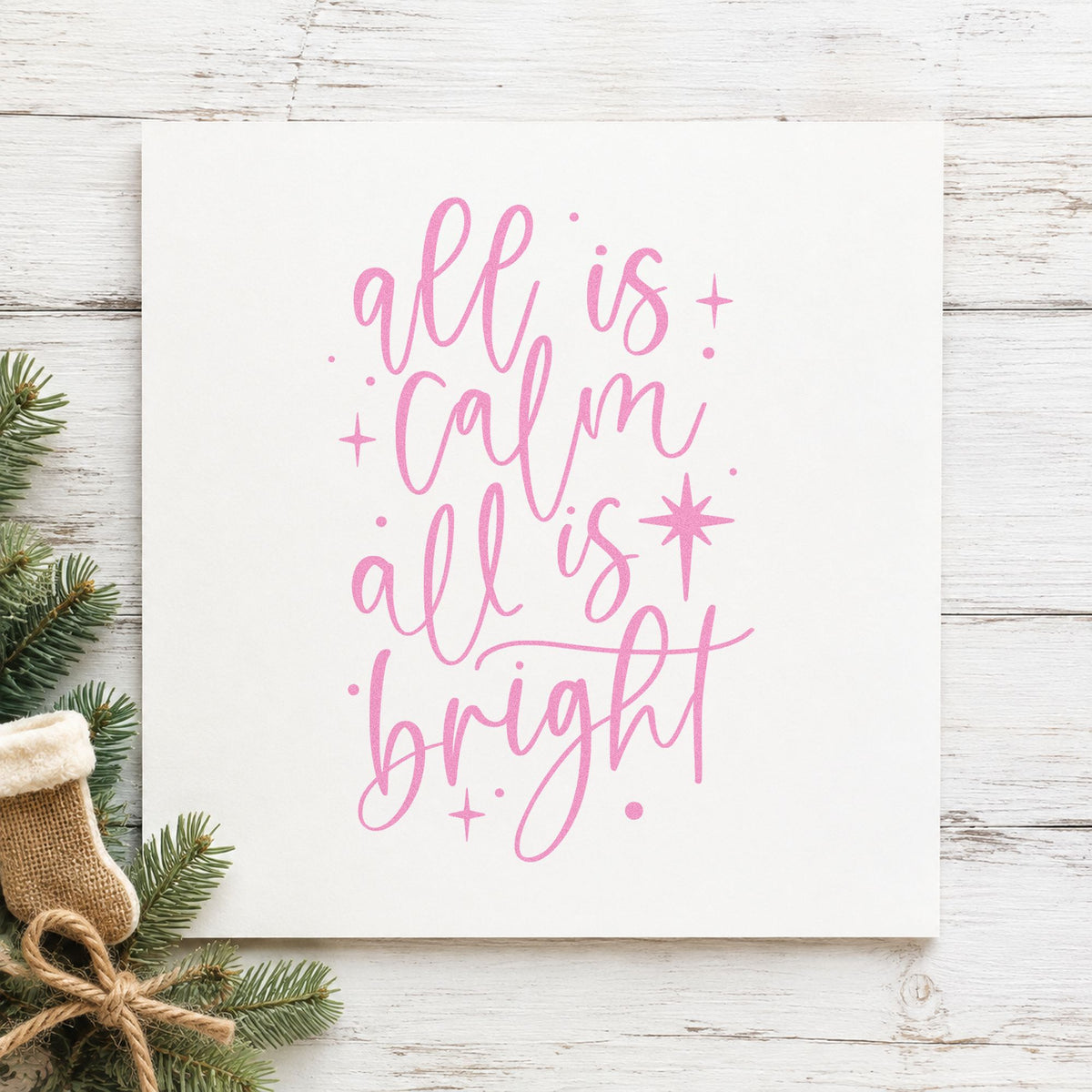 All Calm All Bright craft stamp in purple ink on cardstock, an easy option for silent night album.