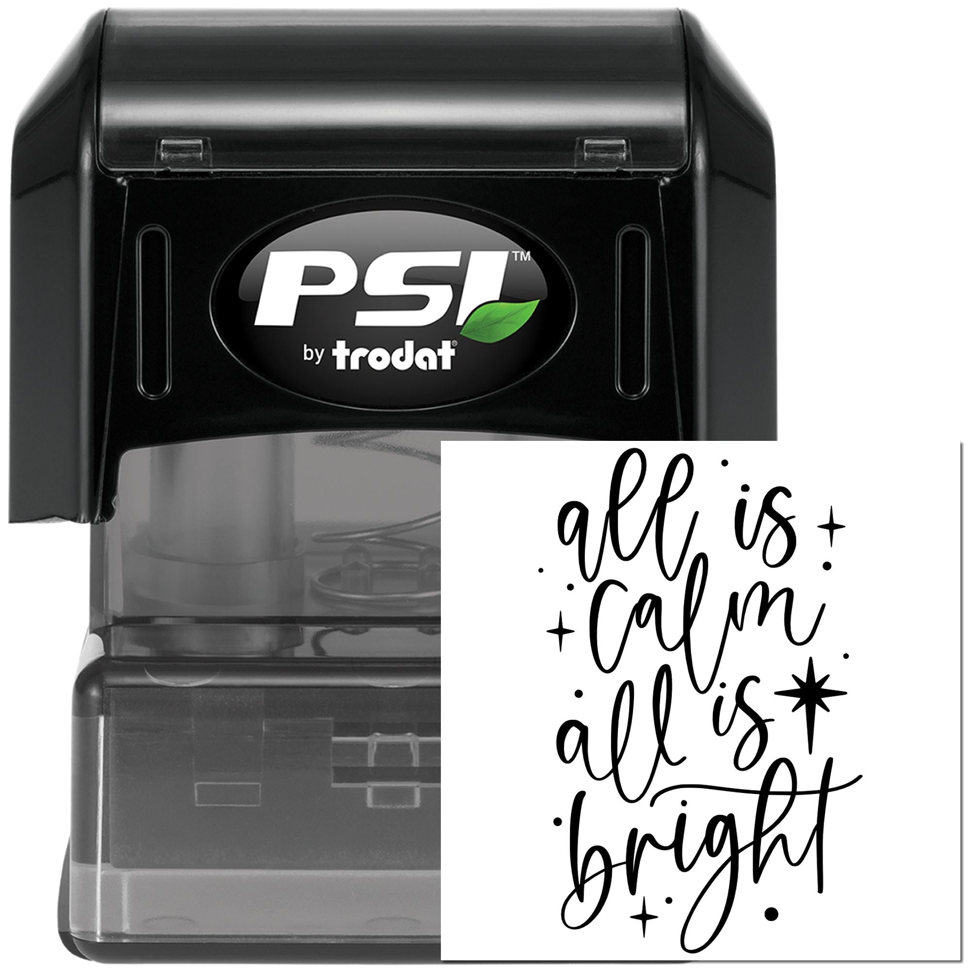 PSI by Trodat self-inking rubber stamp with all is calm all is bright holiday sentiment for cards, crafts, and packaging.