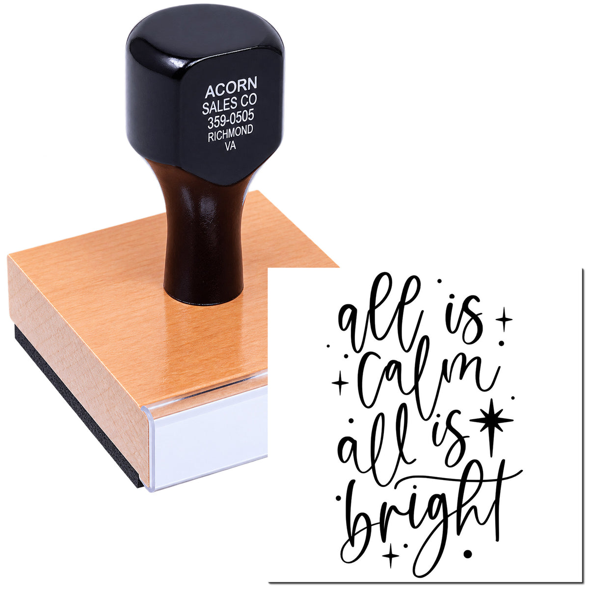 Custom rubber stamp with all is calm all is bright script design for holiday cards and crafts.