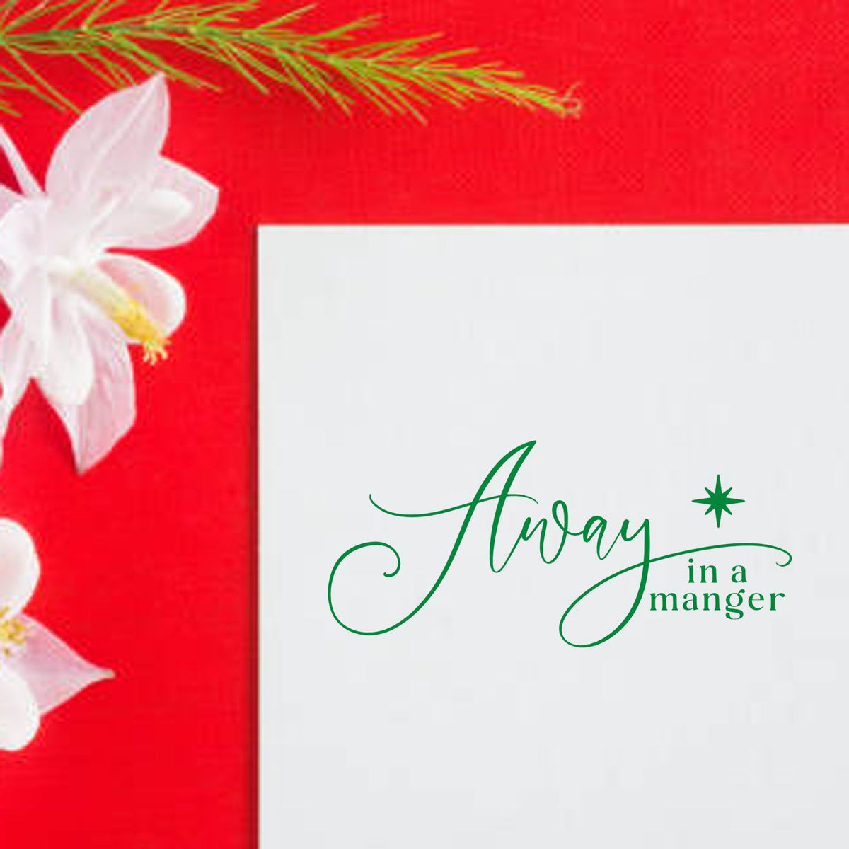 Away In A Manger rubber stamp shown in black ink, stamped for projects such as sunday school album.