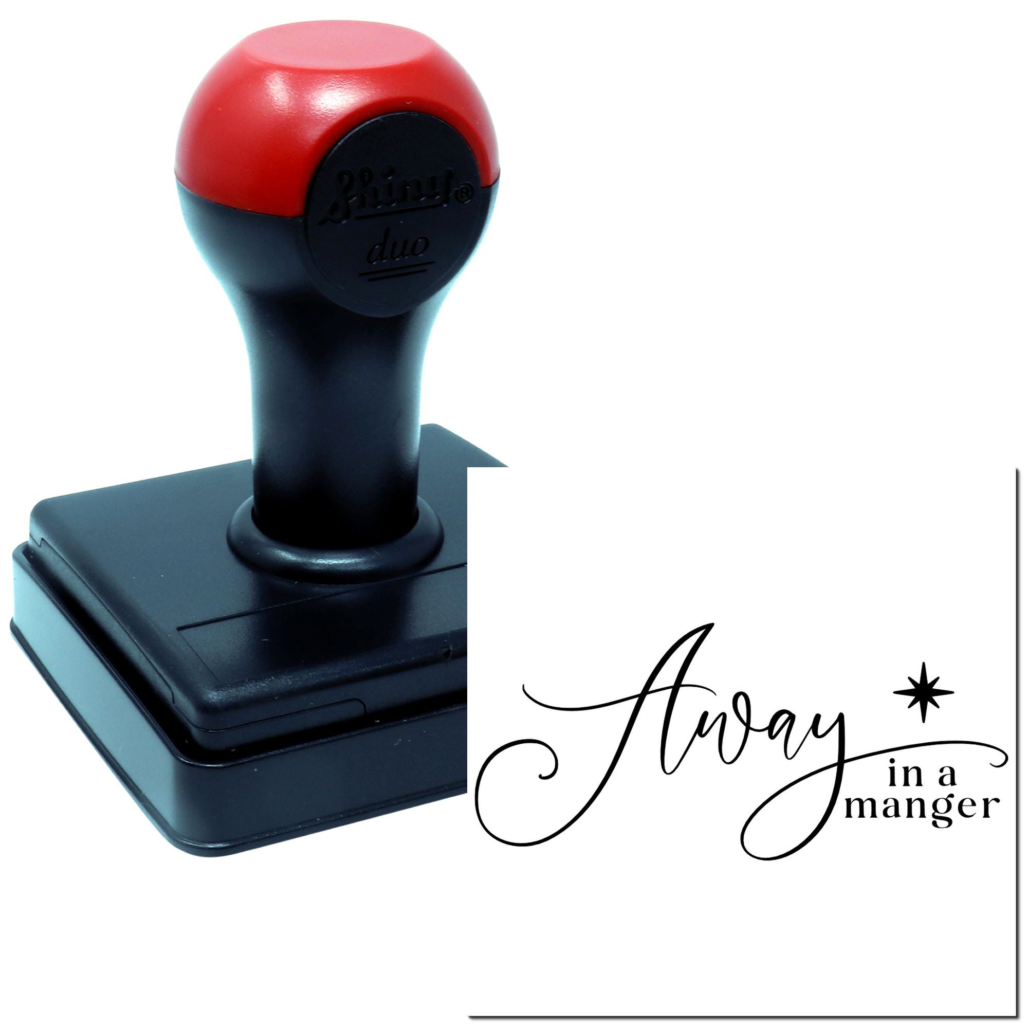 Self-inking custom rubber stamp with Away in a Manger holiday design for Christmas cards and church craft projects.