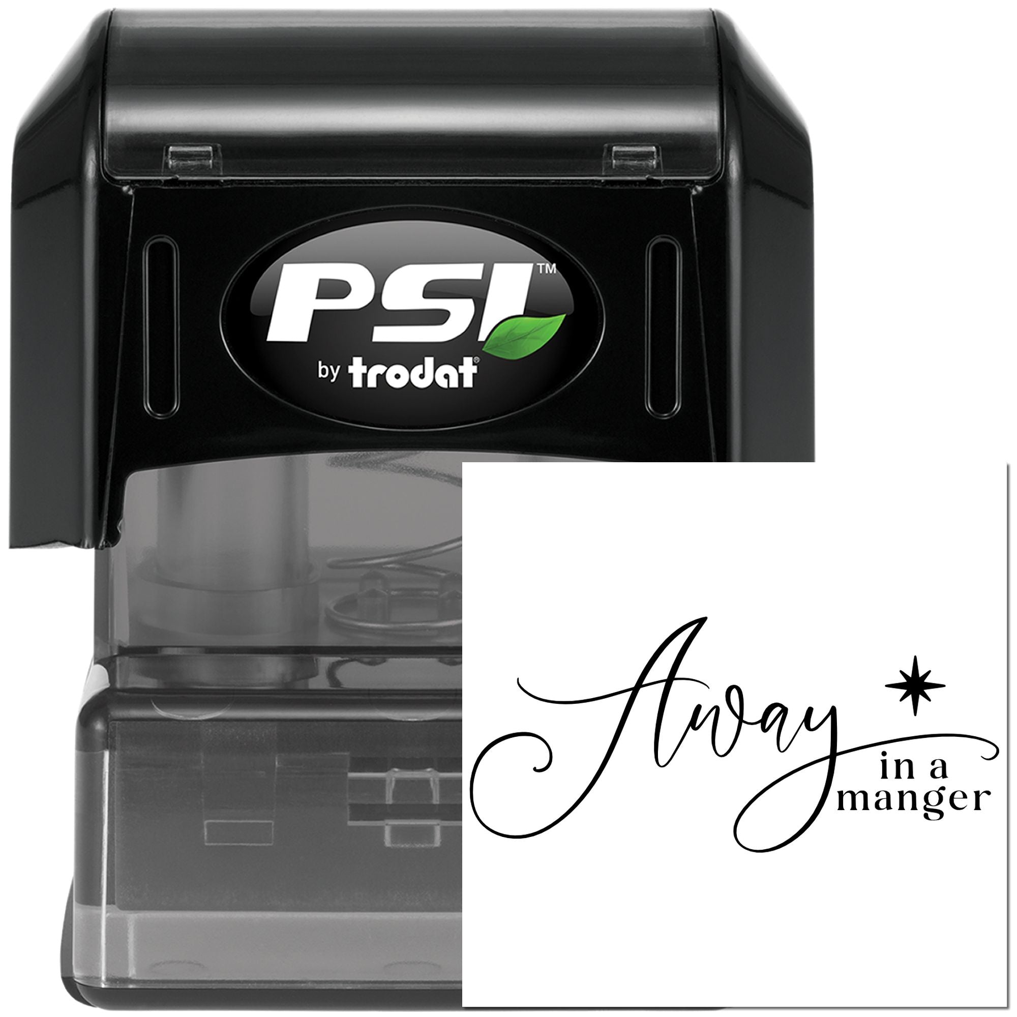 PSI by Trodat self-inking rubber stamp with Away in a Manger holiday sentiment design