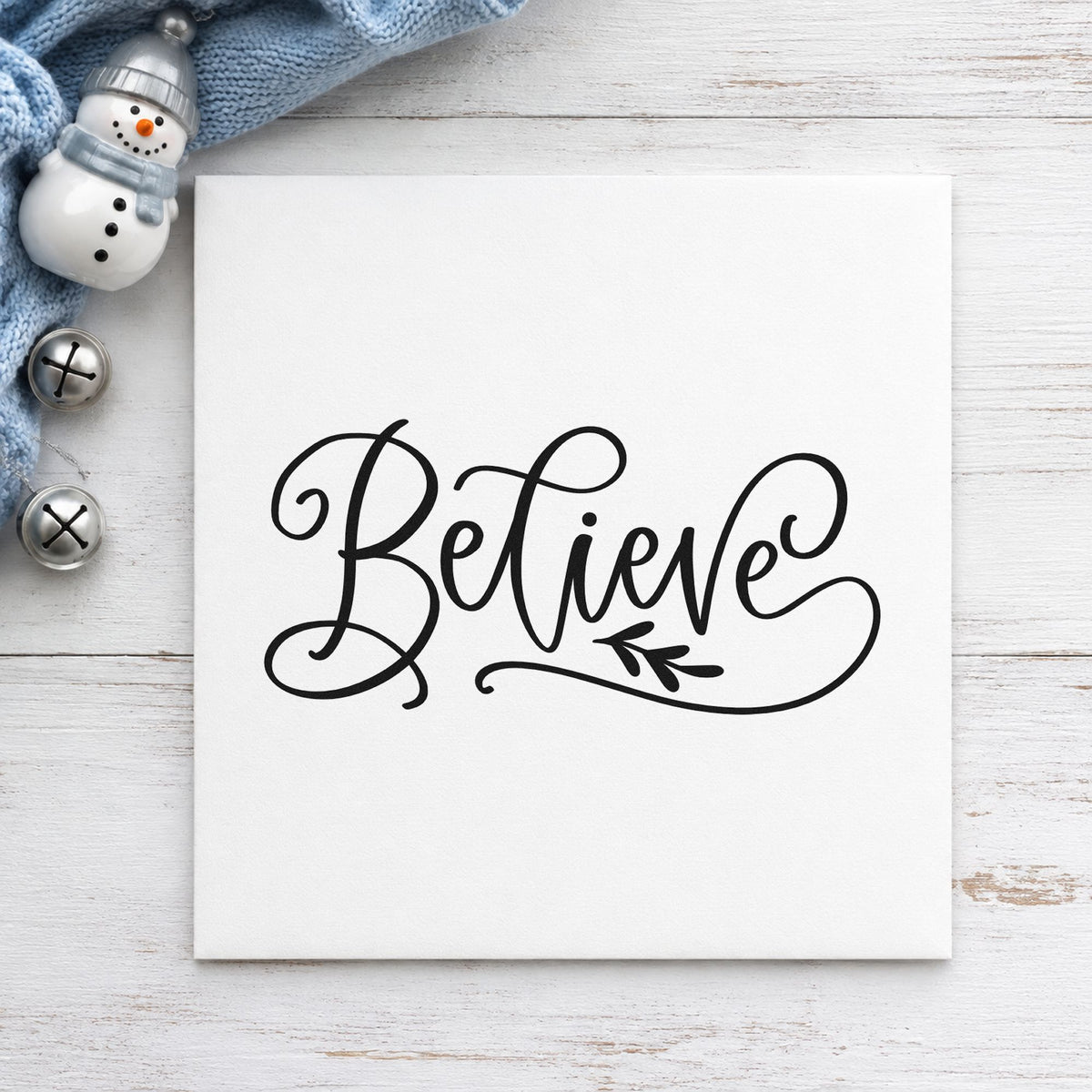 Believe With Leaf Flourish rubber stamp printed in black ink, ready for elegant believe cards and similar paper crafts.