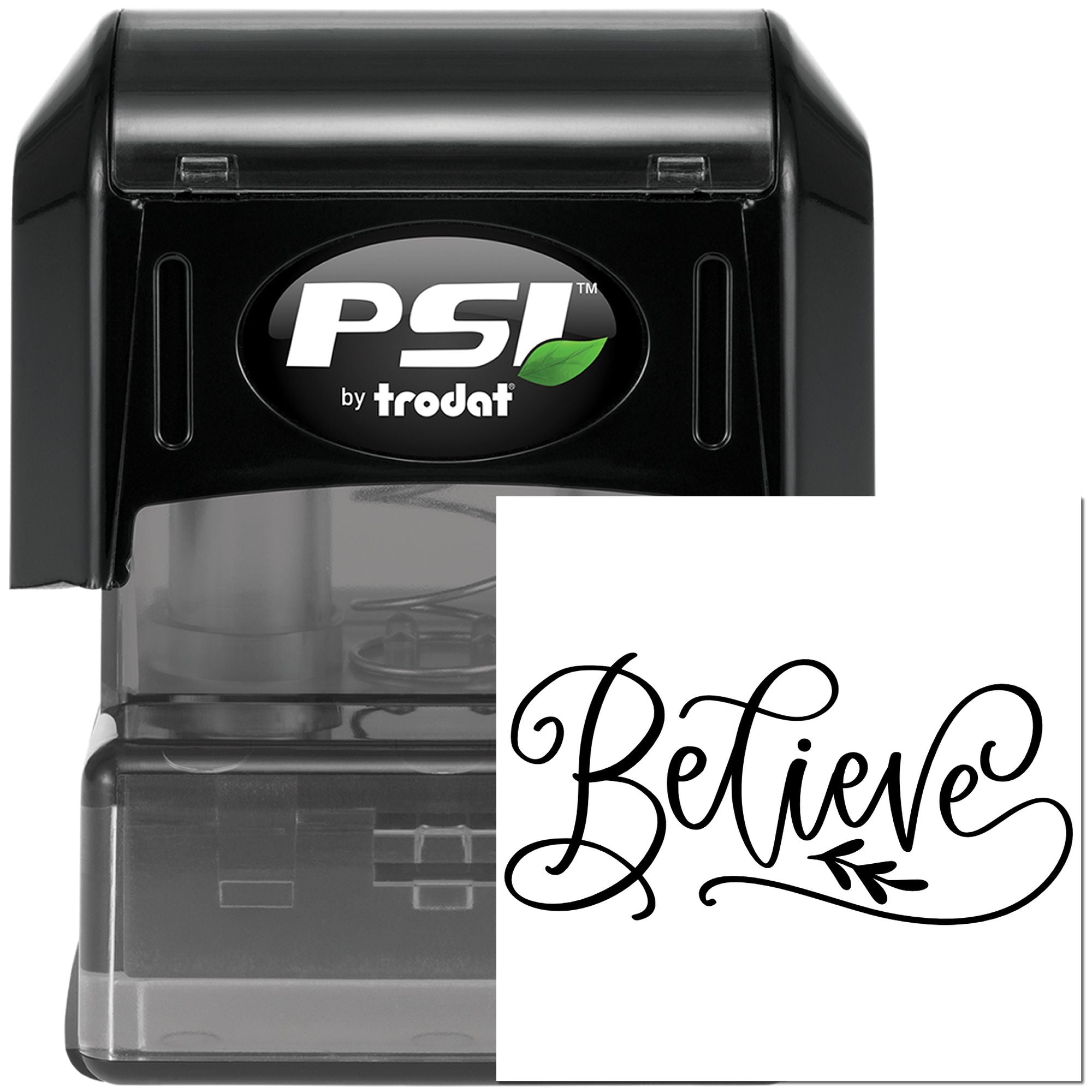 PSI by Trodat self-inking rubber stamp with custom Believe script design for crafting and business use.