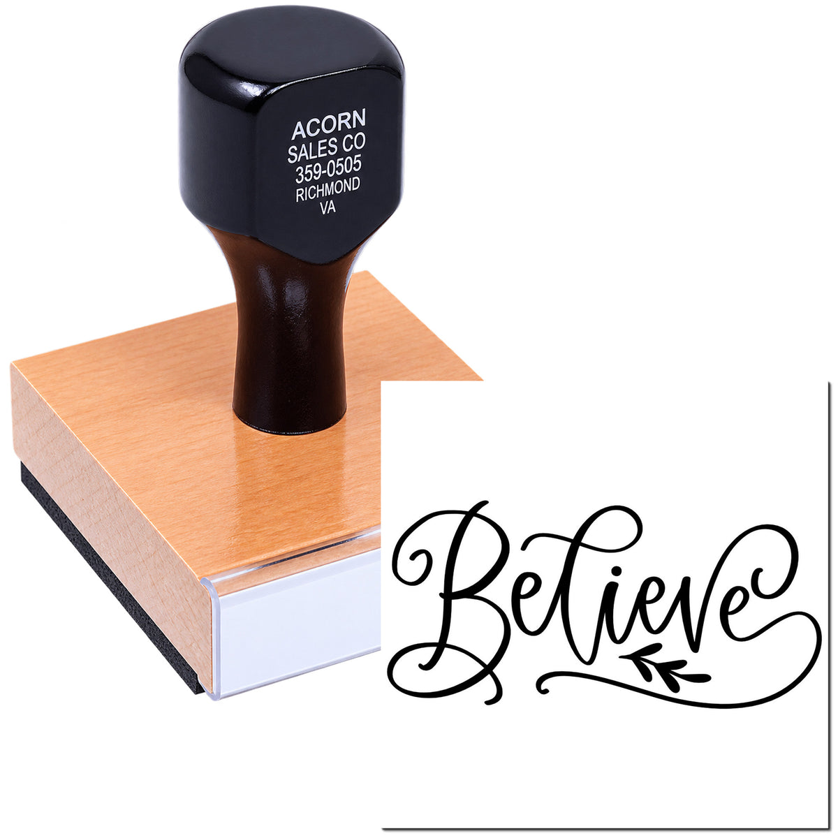 Custom rubber stamp with Believe script design for crafting, branding, and inspirational packaging.
