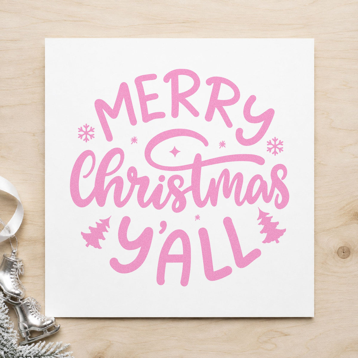 Merry Christmas Yall Trees craft stamp in purple ink on cardstock, an easy option for small town album page.