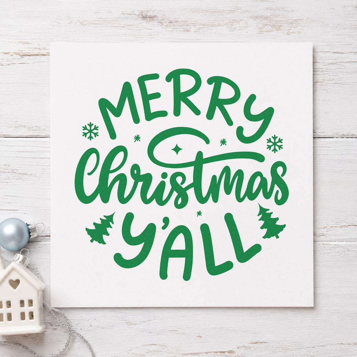 Merry Christmas Yall Trees craft stamp imprint in green ink on a handmade project, one idea being monogram gift tags.