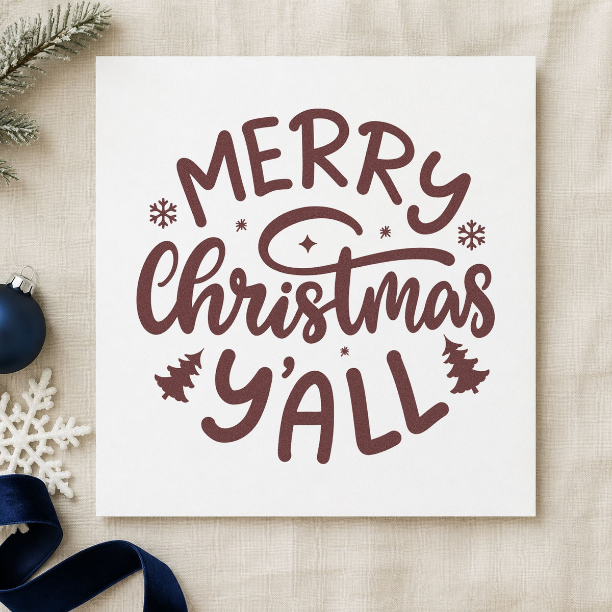 Merry Christmas Yall Trees rubber stamp printed in brown ink, ready for tailgate plan sheet and similar paper crafts.