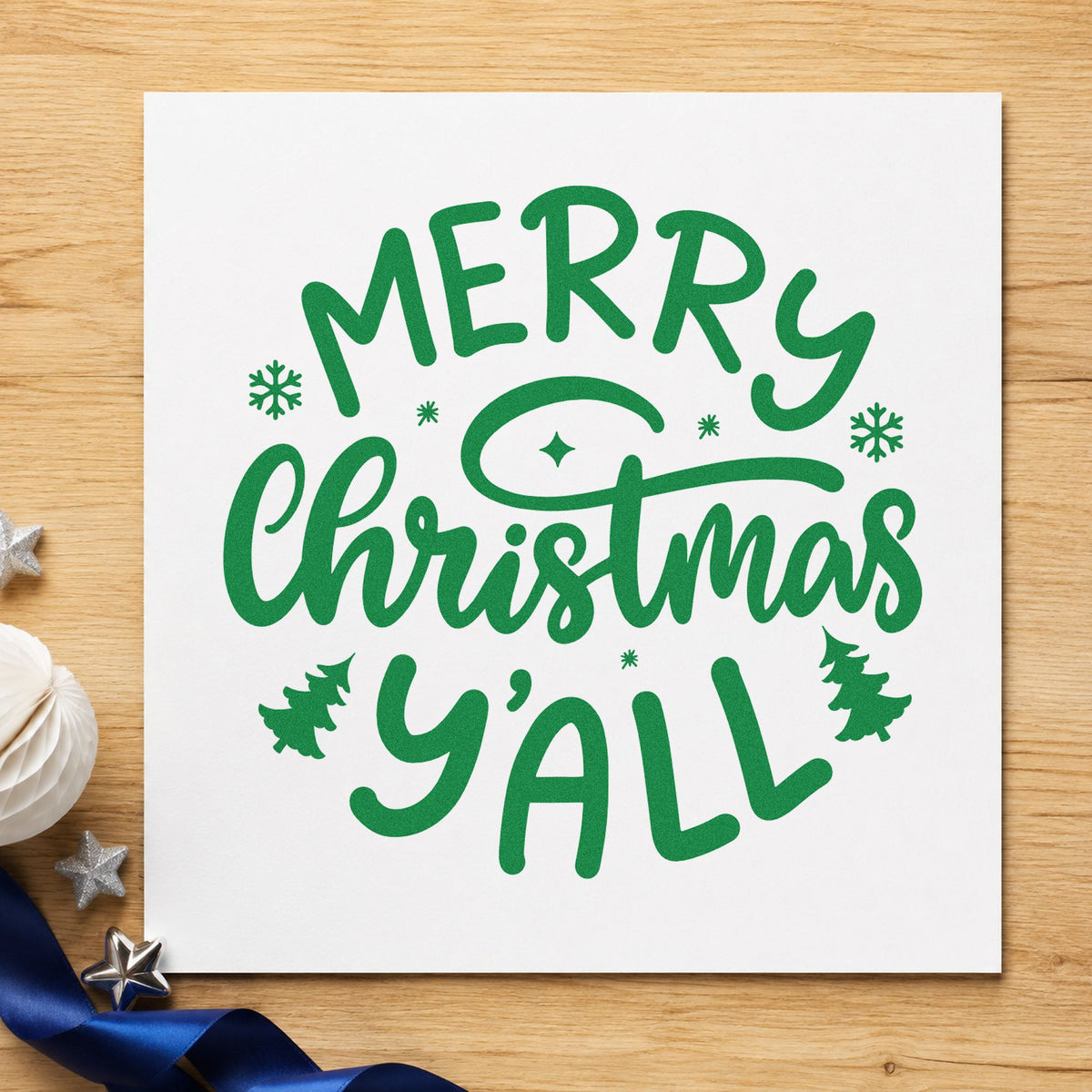 Merry Christmas Yall Trees craft stamp imprinted in green ink on paper, a design suited to framed sideboard art.