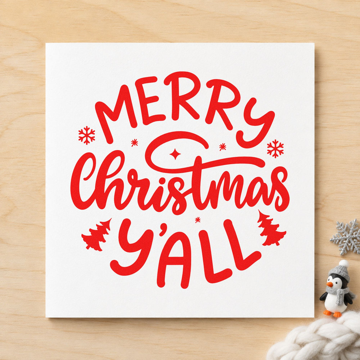 Merry Christmas Yall Trees rubber stamp shown in red ink, stamped for projects such as relish jar labels.