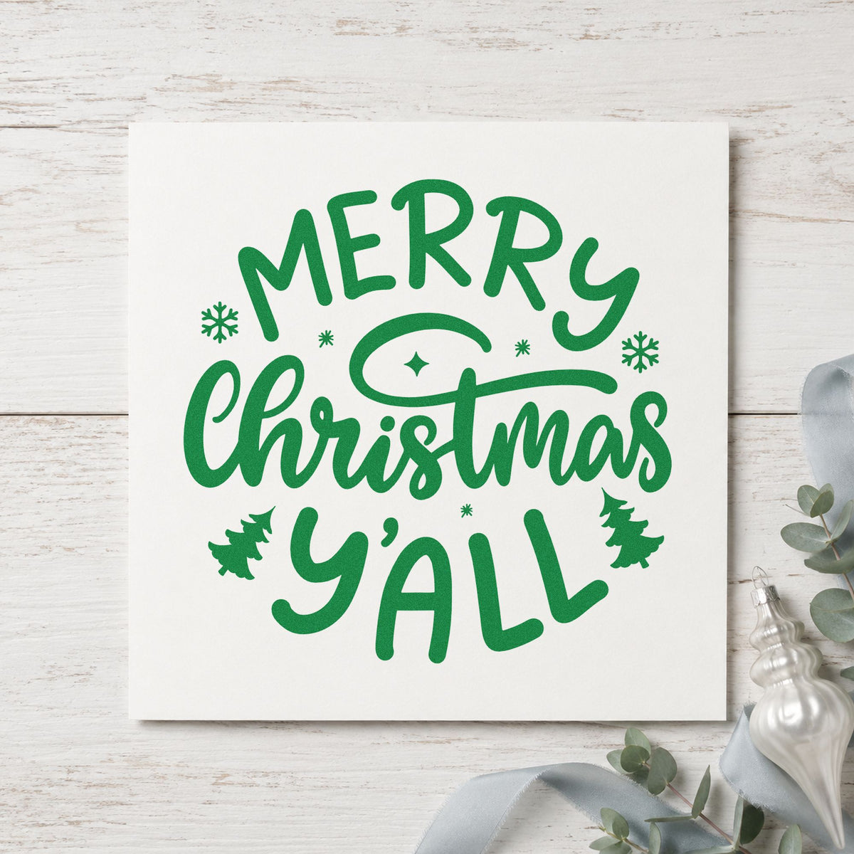 Merry Christmas Yall Trees craft stamp imprint in green ink on a handmade project, one idea being parade route passes.