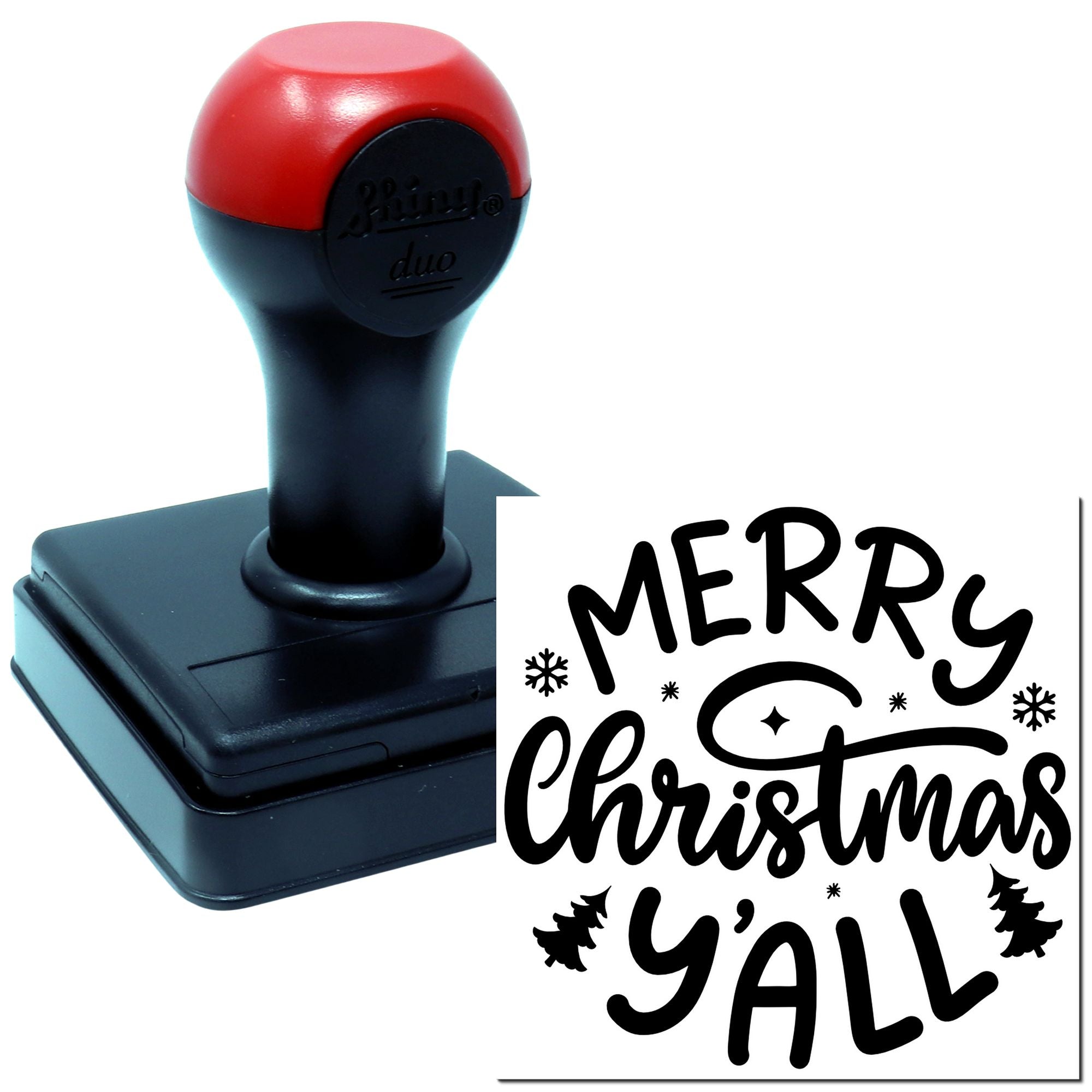 Self-inking rubber stamp with Merry Christmas yall holiday design for festive cards, crafts, and gift packaging.