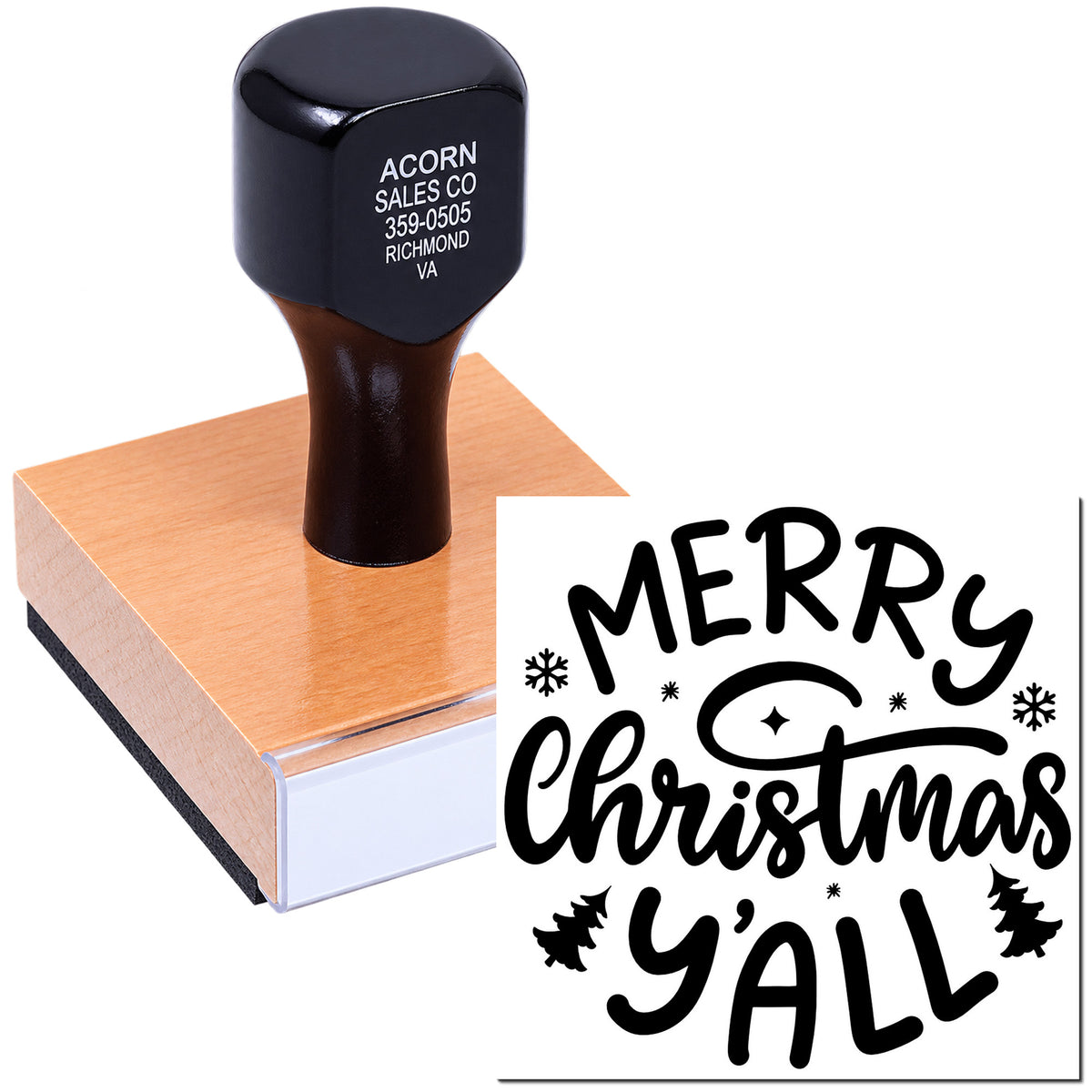 Merry Christmas Yall rubber stamp with festive holiday lettering on a mounted wood stamp block.