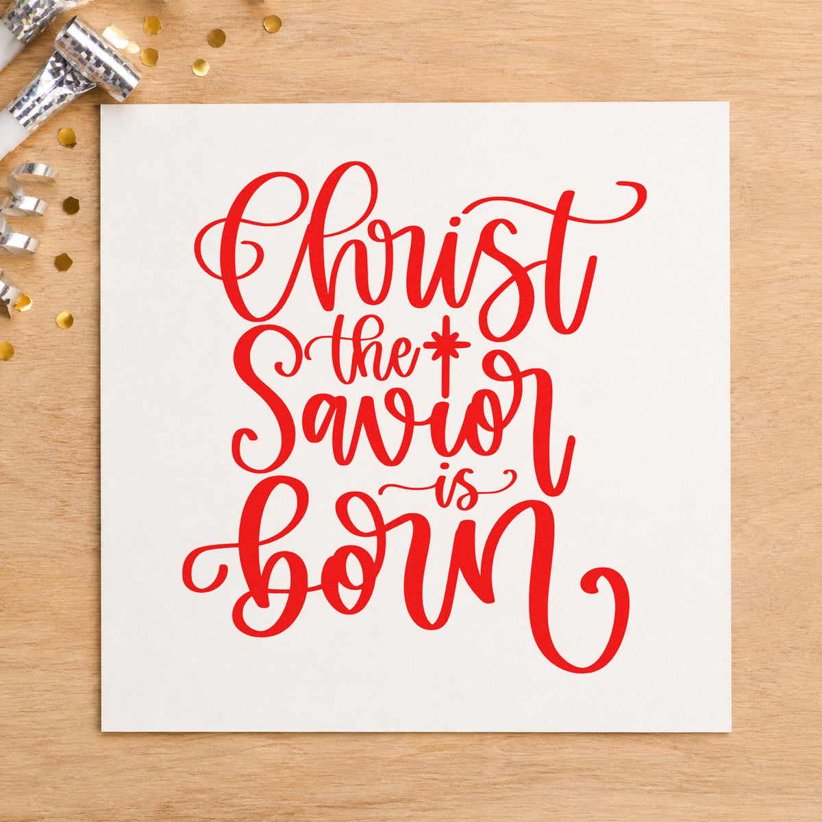 Christ The Savior Is Born craft stamp in red ink on cardstock, an easy option for choir stole printing.