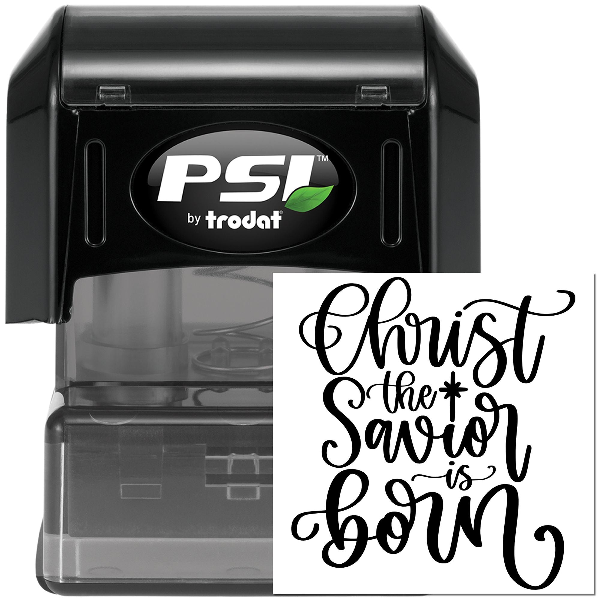 PSI by Trodat self-inking rubber stamp with Christ the Savior is born design for Christmas cards, crafts, and religious gifts.
