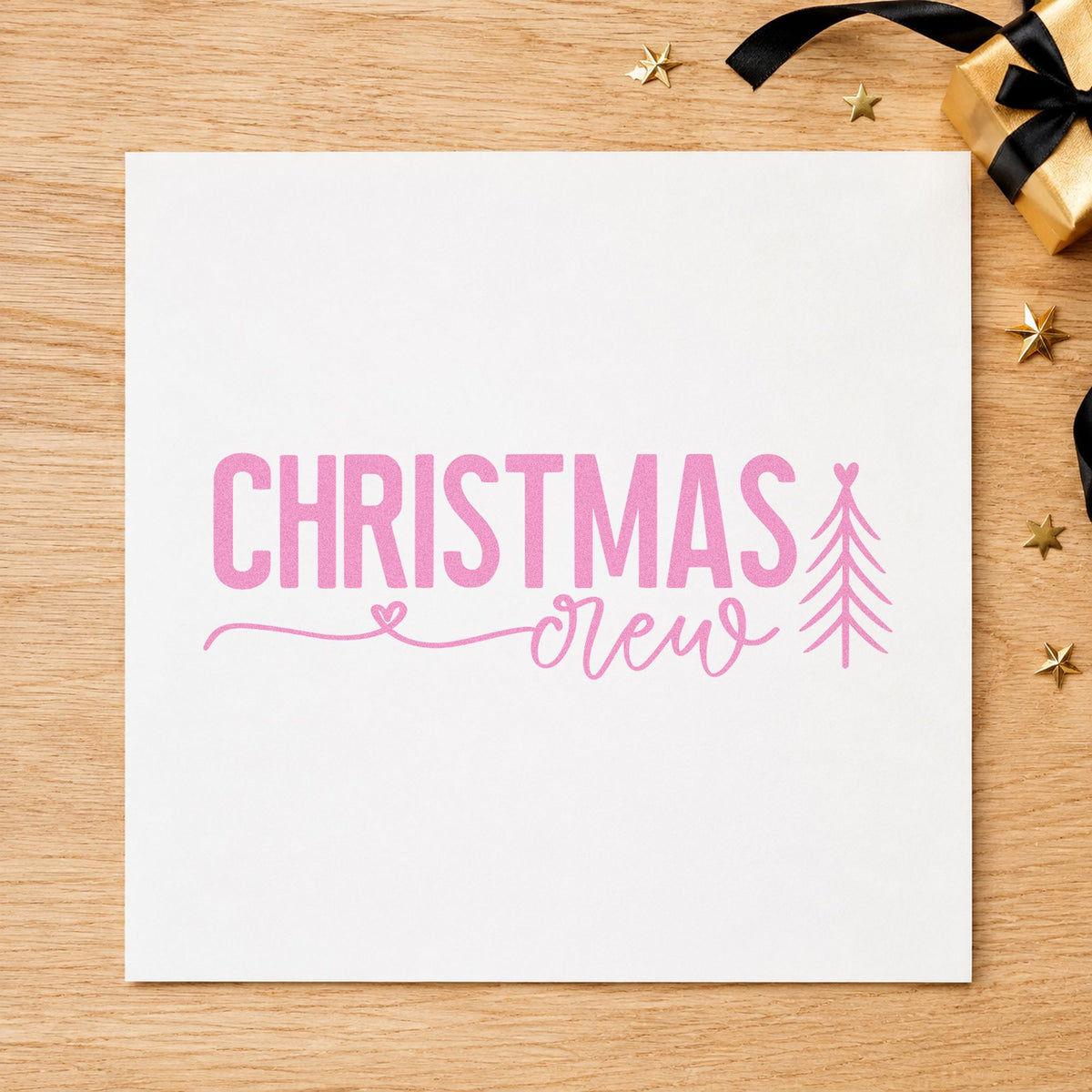 Christmas Crew With Tree craft stamp in purple ink on cardstock, an easy option for group photo album.